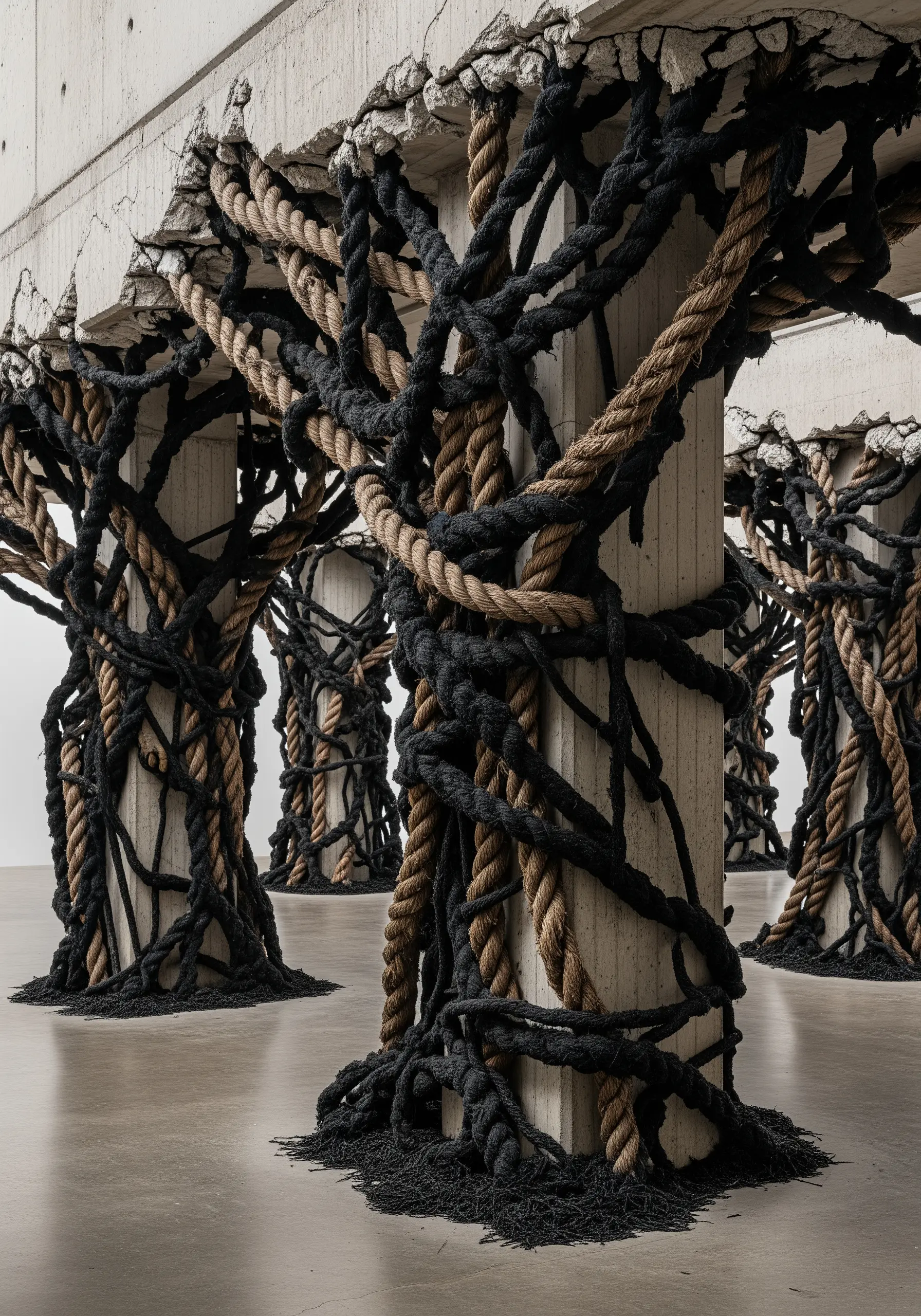 Thick black and jute ropes wrapped aggressively around concrete pillars in an art gallery.