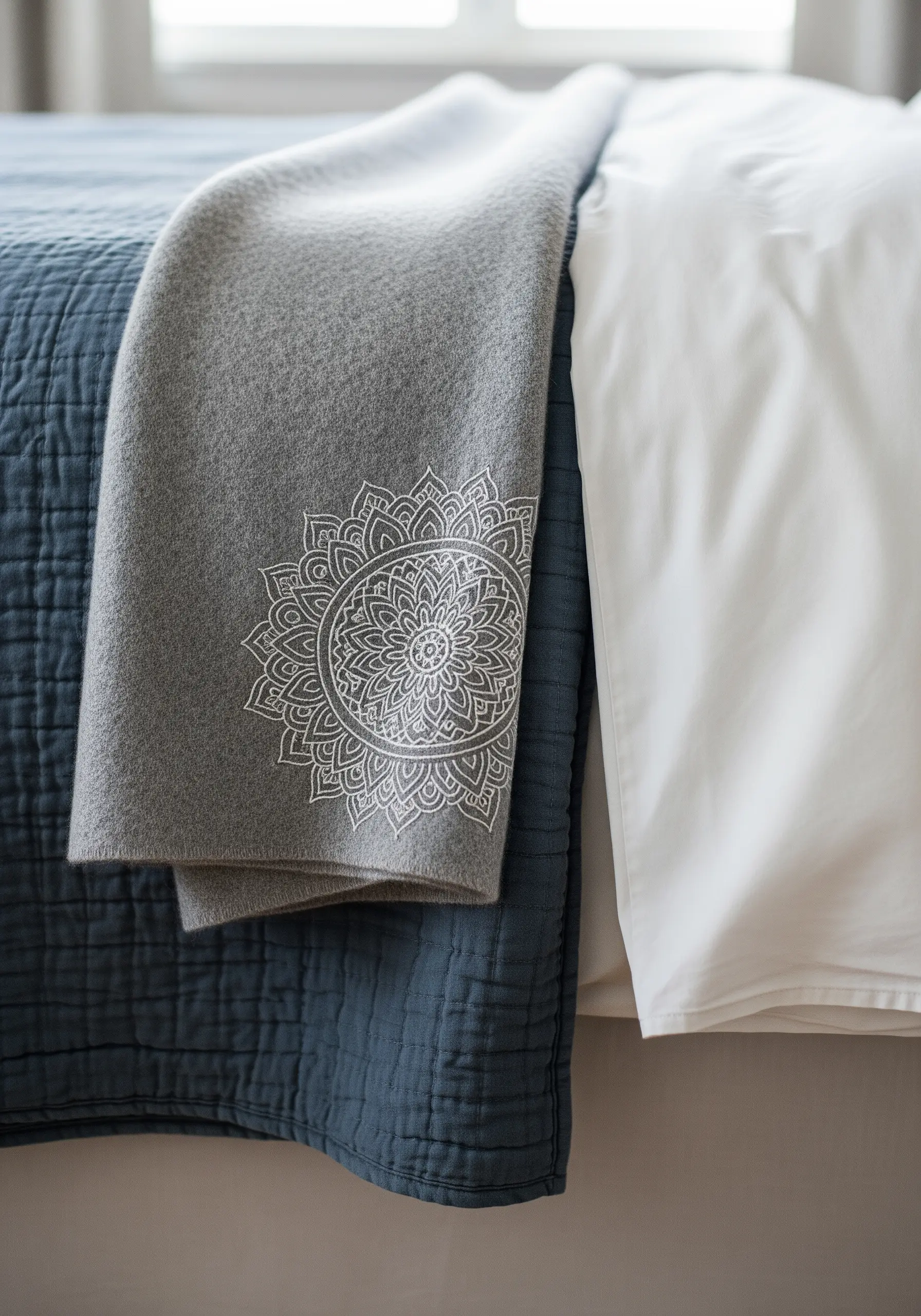 A crisp white mandala embroidered on the corner of a soft grey throw blanket.