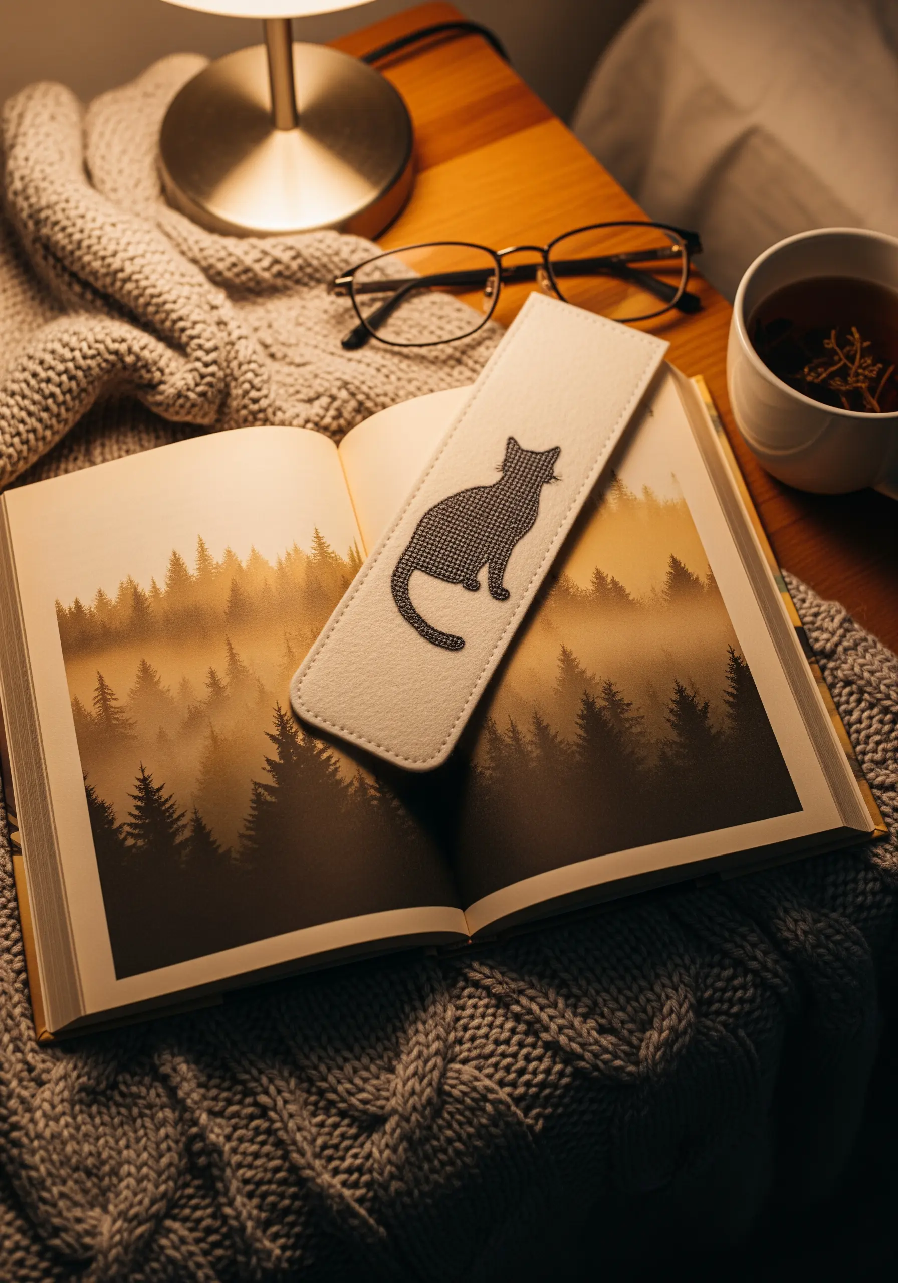 A felt bookmark with a cross-stitched black cat silhouette on an open book.