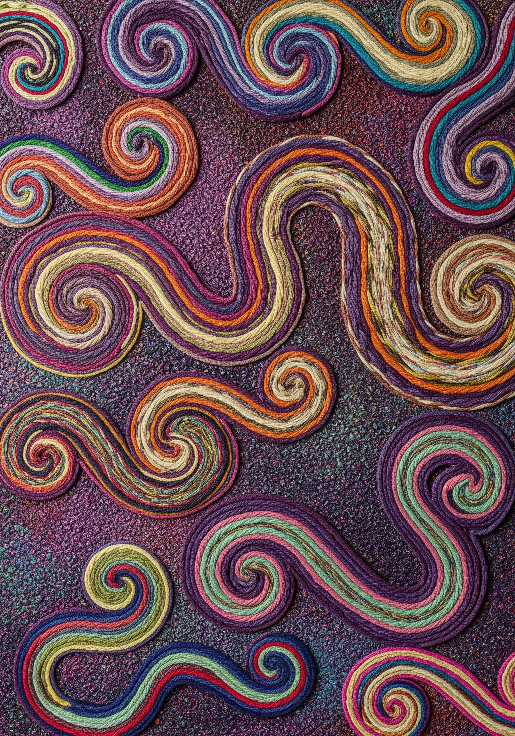 Colorful, abstract swirls made from multi-colored, thread-wrapped cords couched onto fabric.