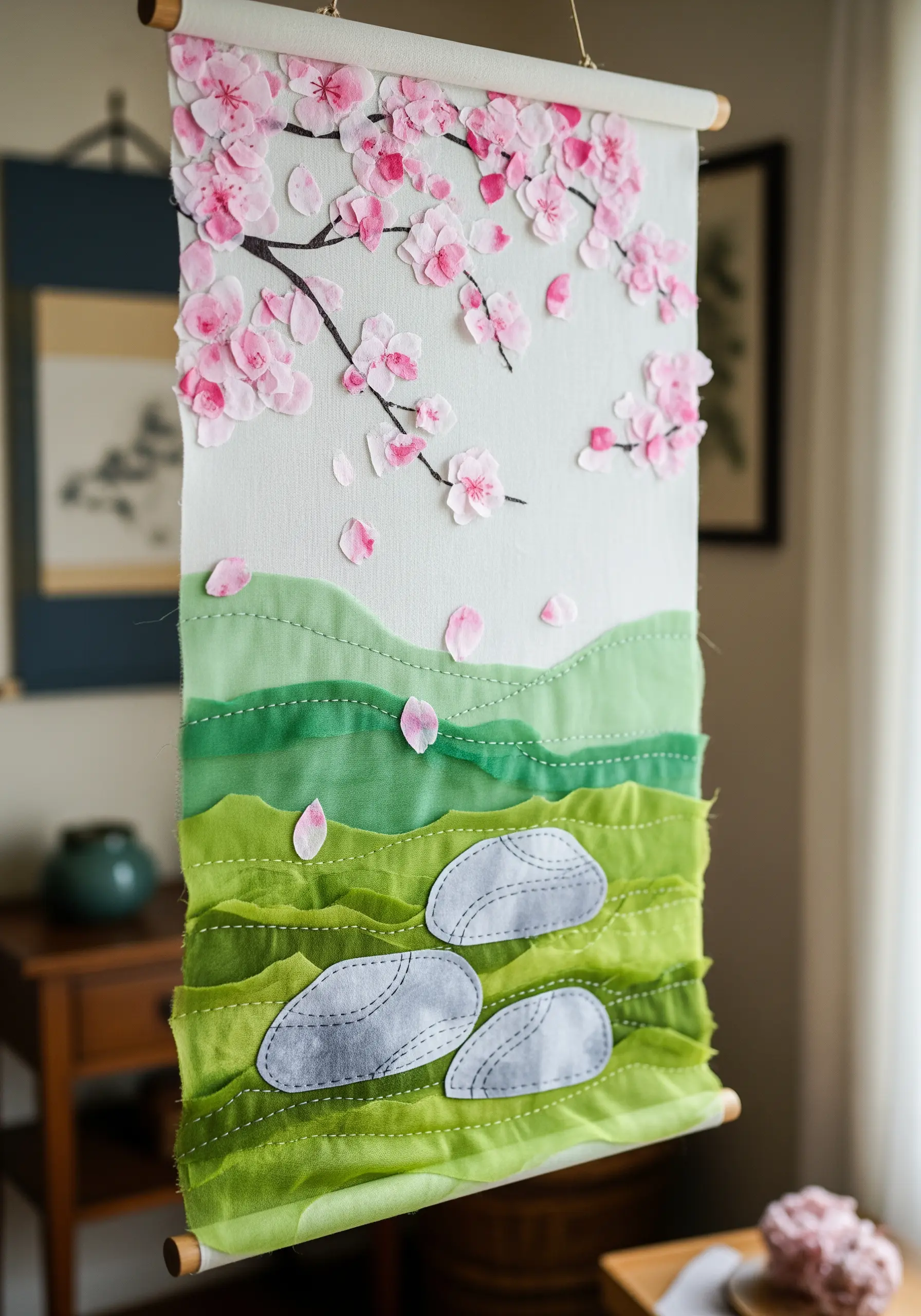 A wall scroll with a cherry blossom scene made from 3D organza petals and layered green fabric hills.