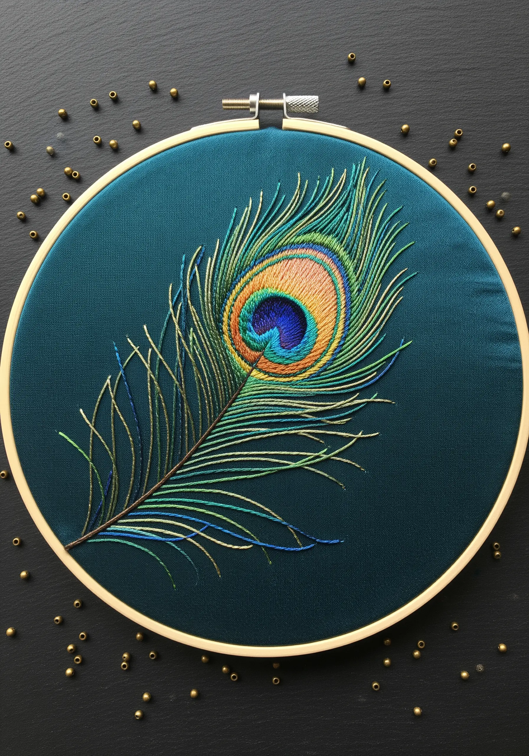 A single peacock feather embroidered with fine, separated stitches on dark fabric.