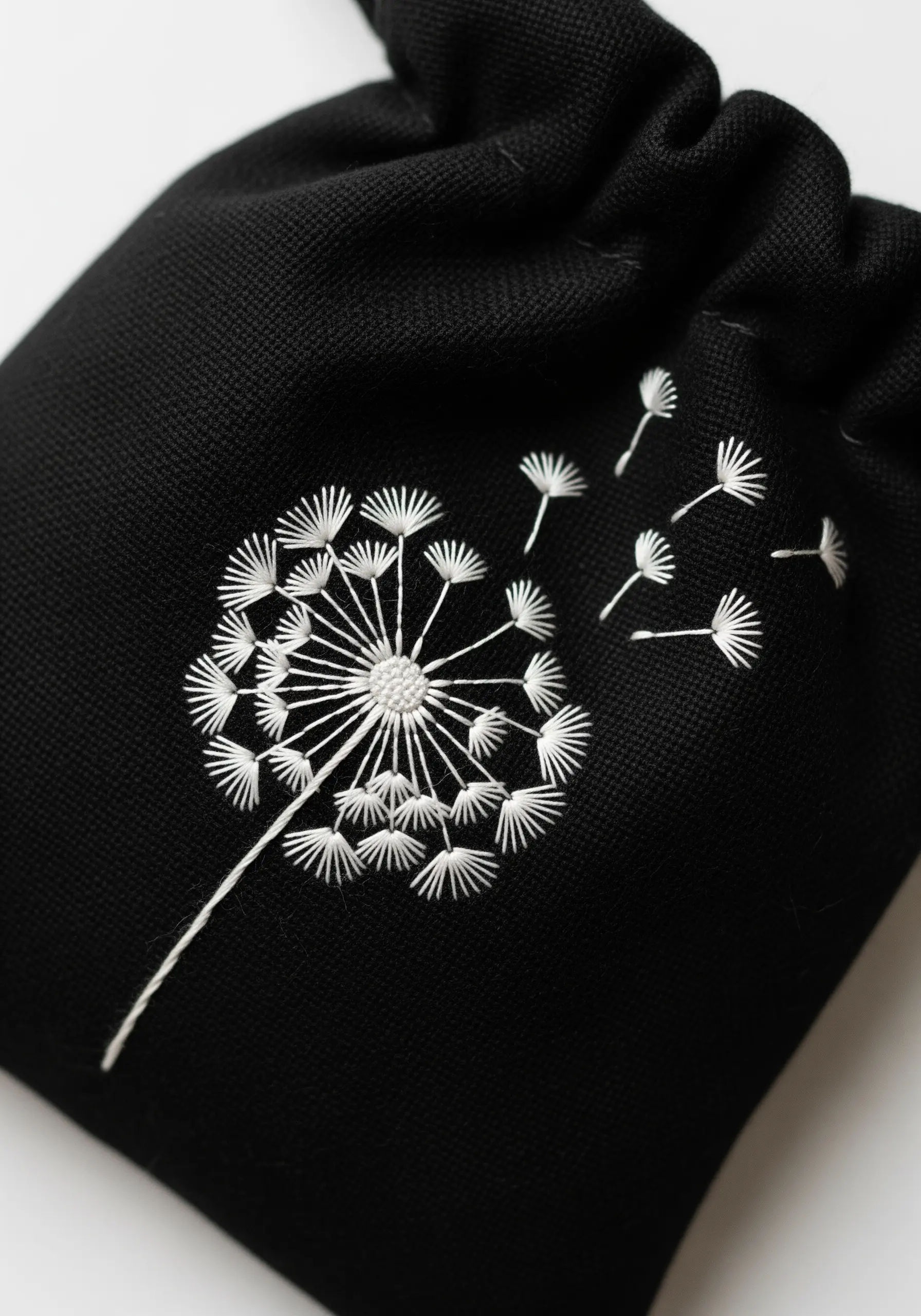 A white embroidered dandelion puff with seeds blowing away on a black drawstring bag.