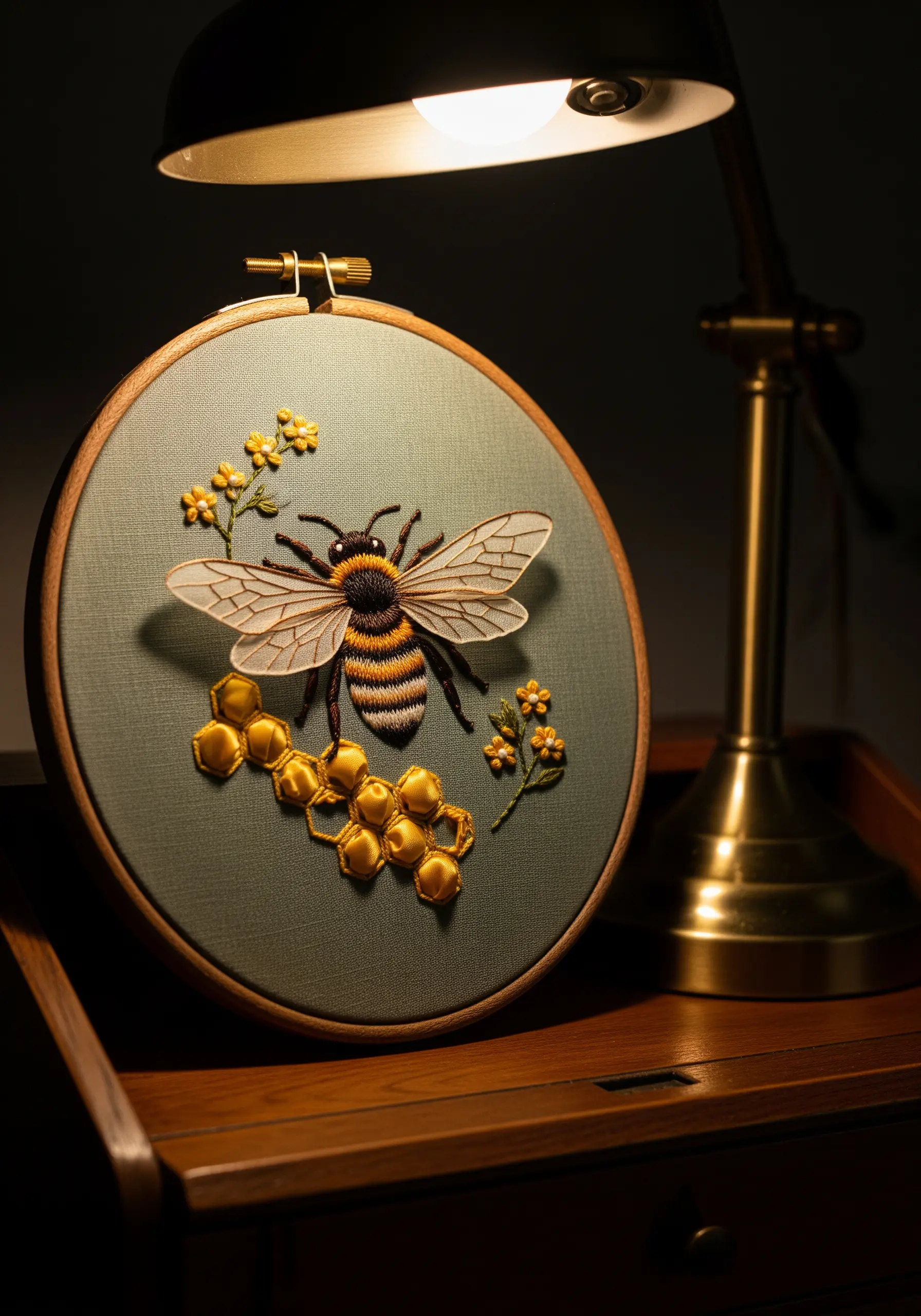 Embroidery of a bee with sheer organza wings on a honeycomb