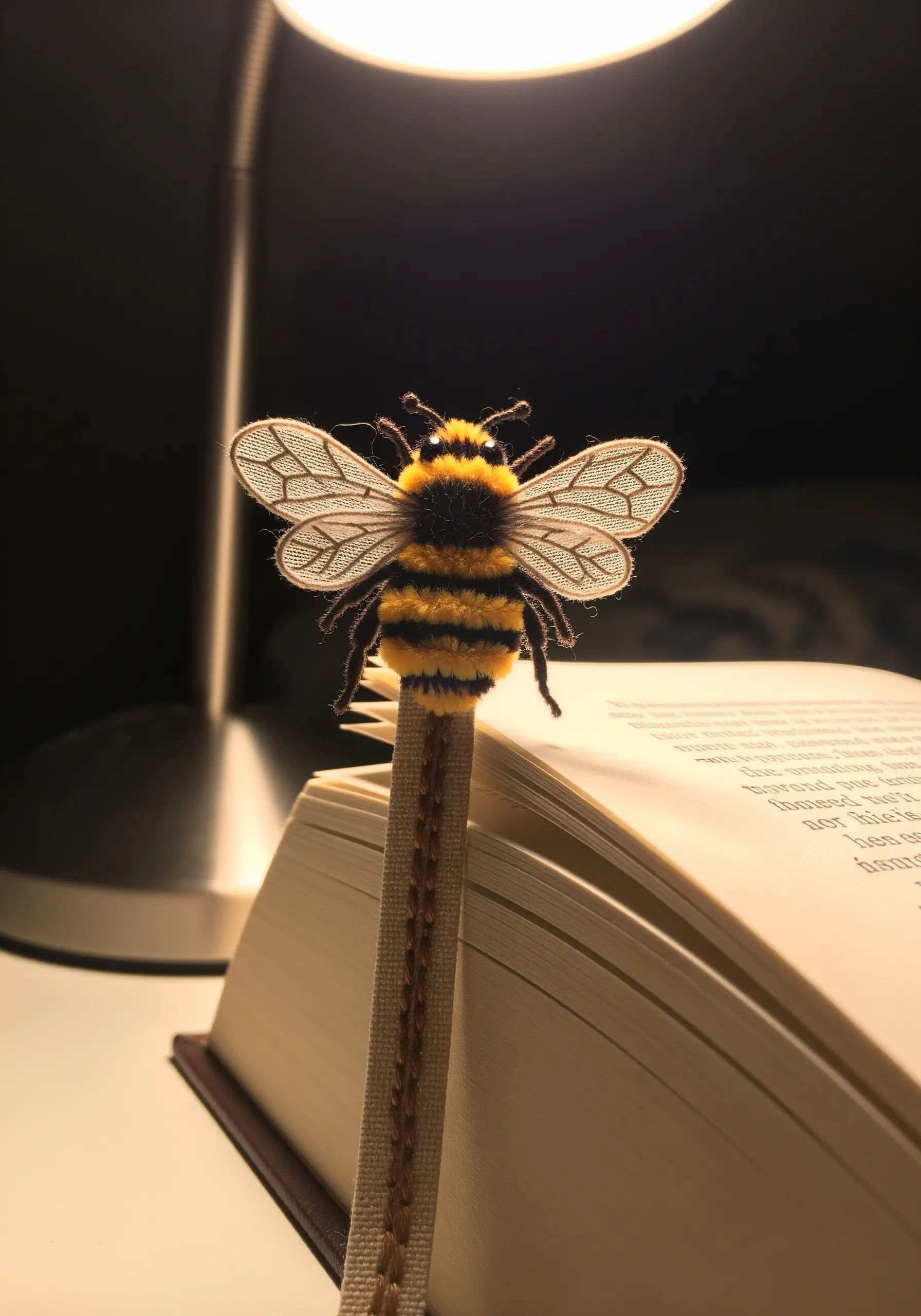 A handmade bee bookmark with fuzzy yarn body and delicate, transparent wings resting on a book.