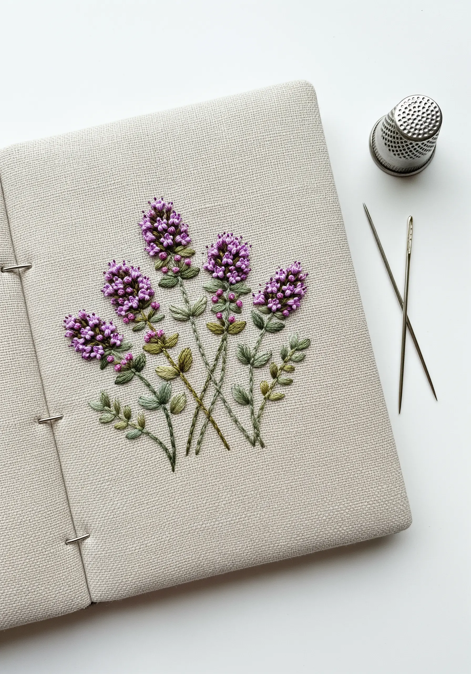 Clusters of purple colonial knots forming thyme flowers on a fabric-covered journal.