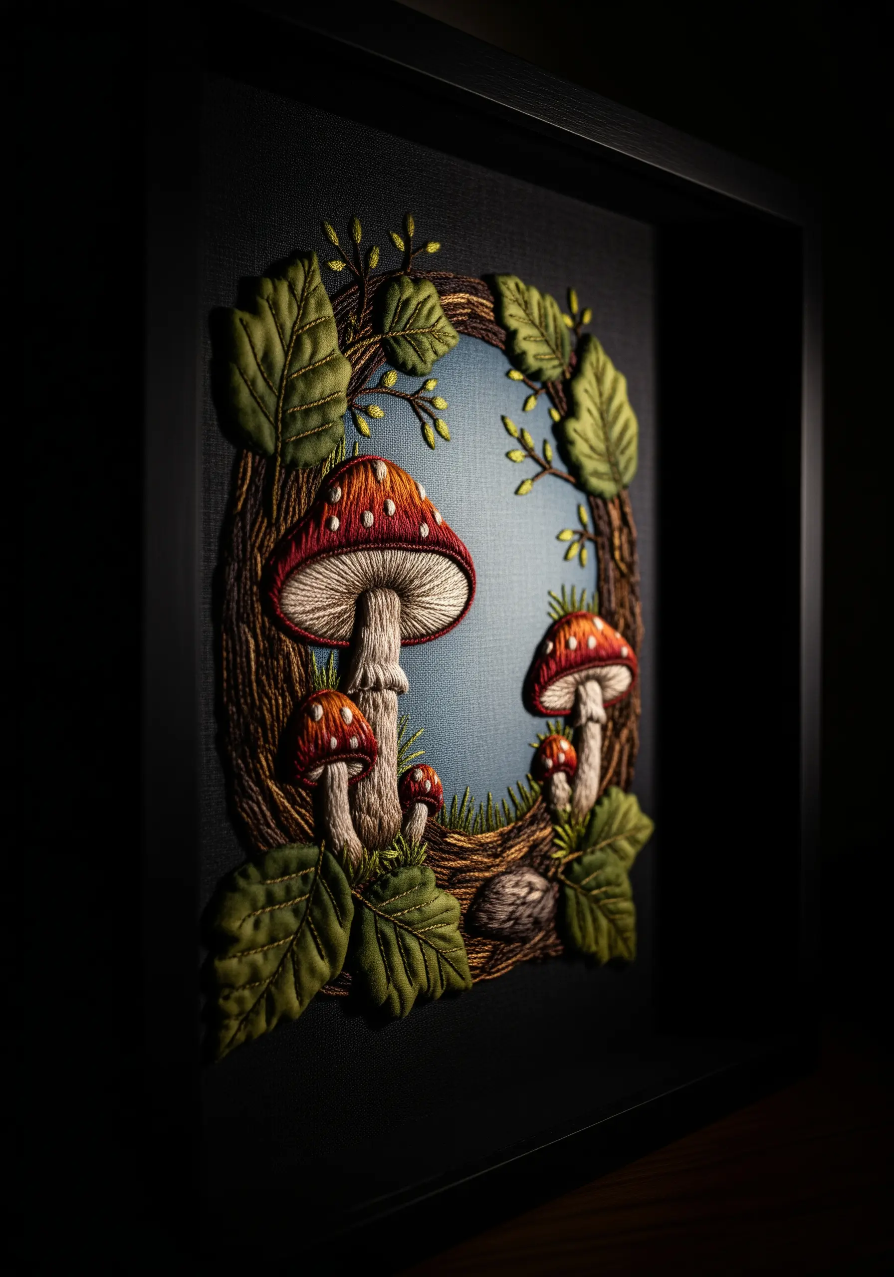 A detailed, three-dimensional embroidery of red-capped mushrooms in a shadow box frame.