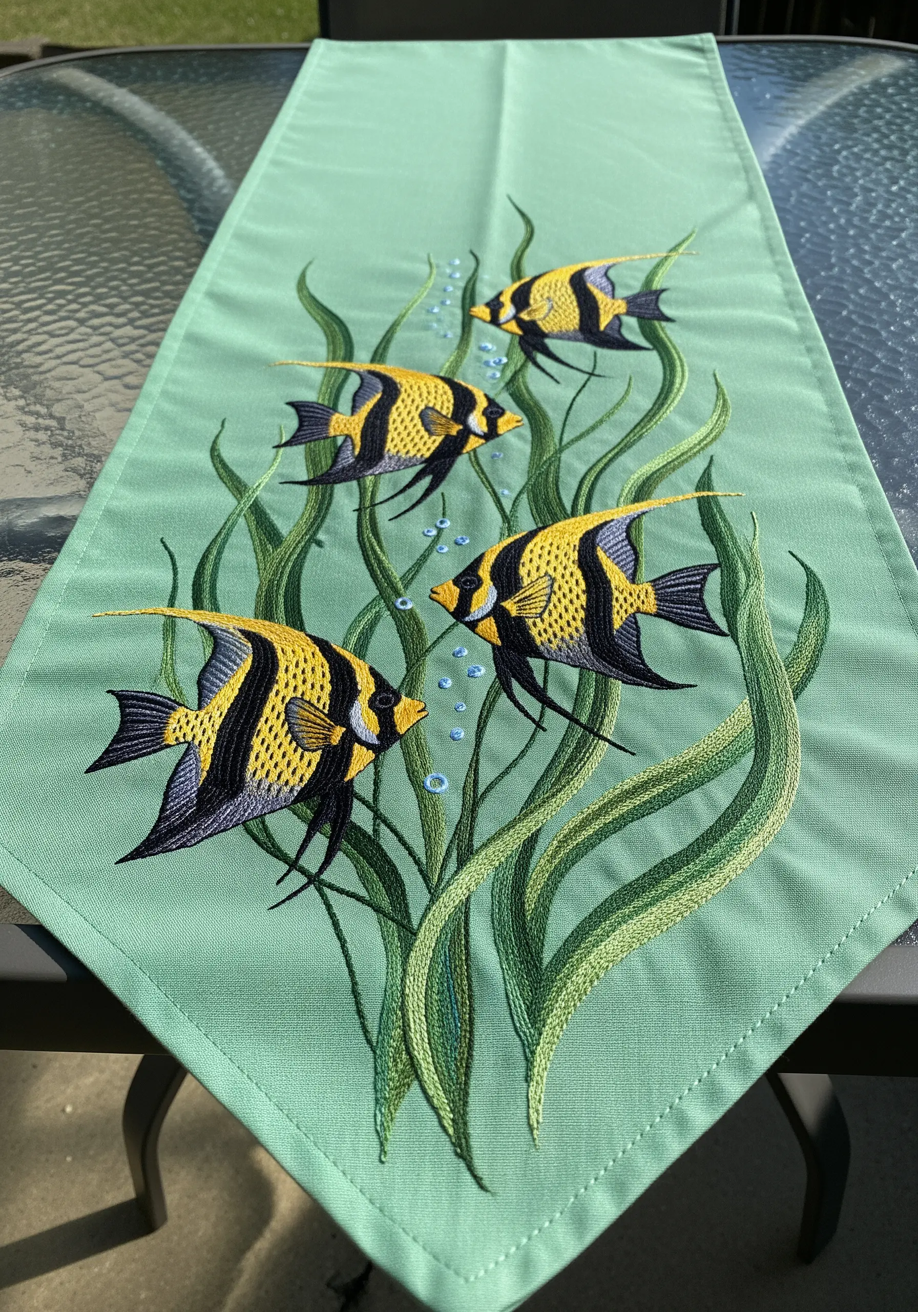 Embroidered angelfish swimming amongst layered seaweed on a green table runner.