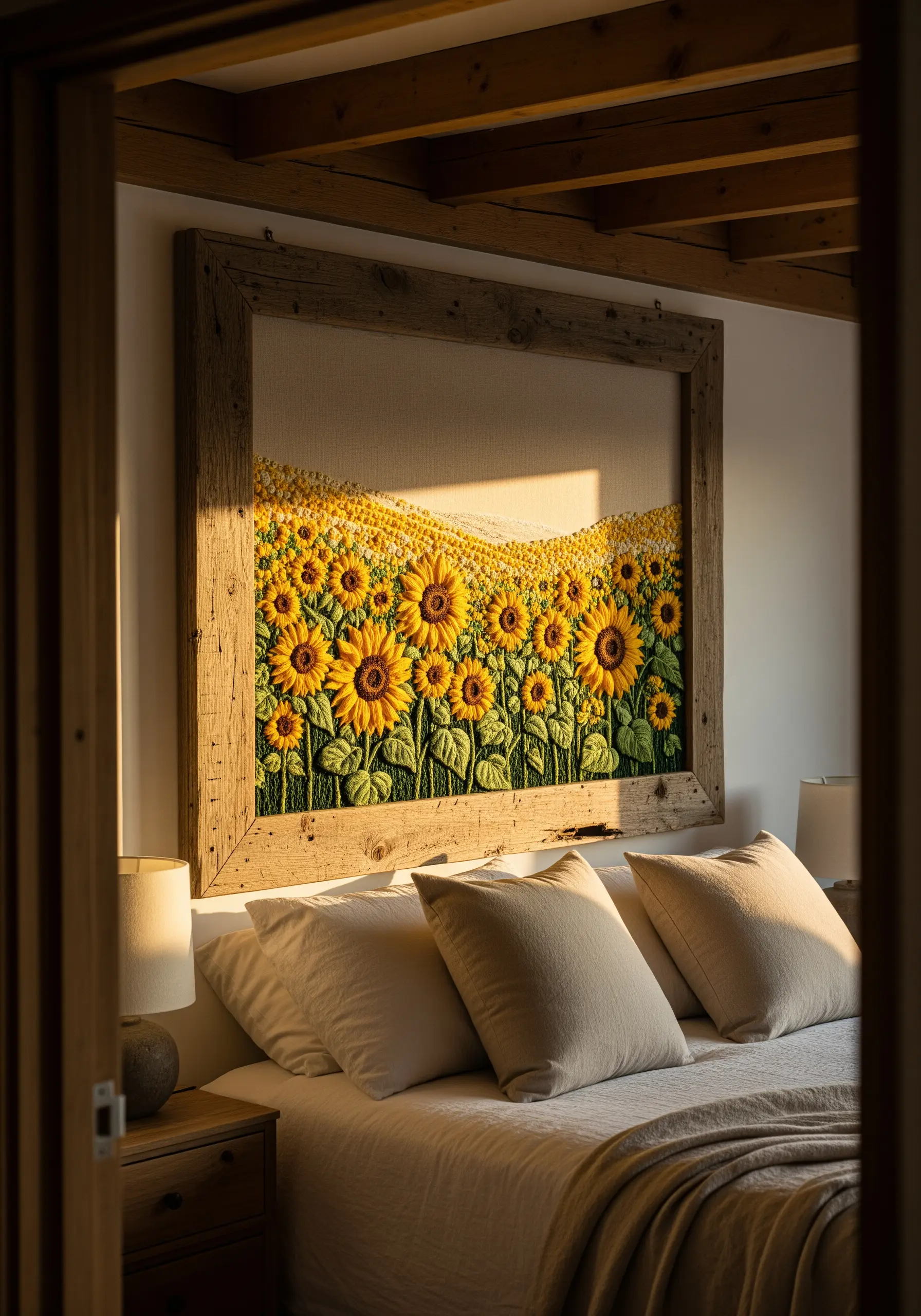 A large, rustic-framed embroidery of a vibrant sunflower field above a bed.