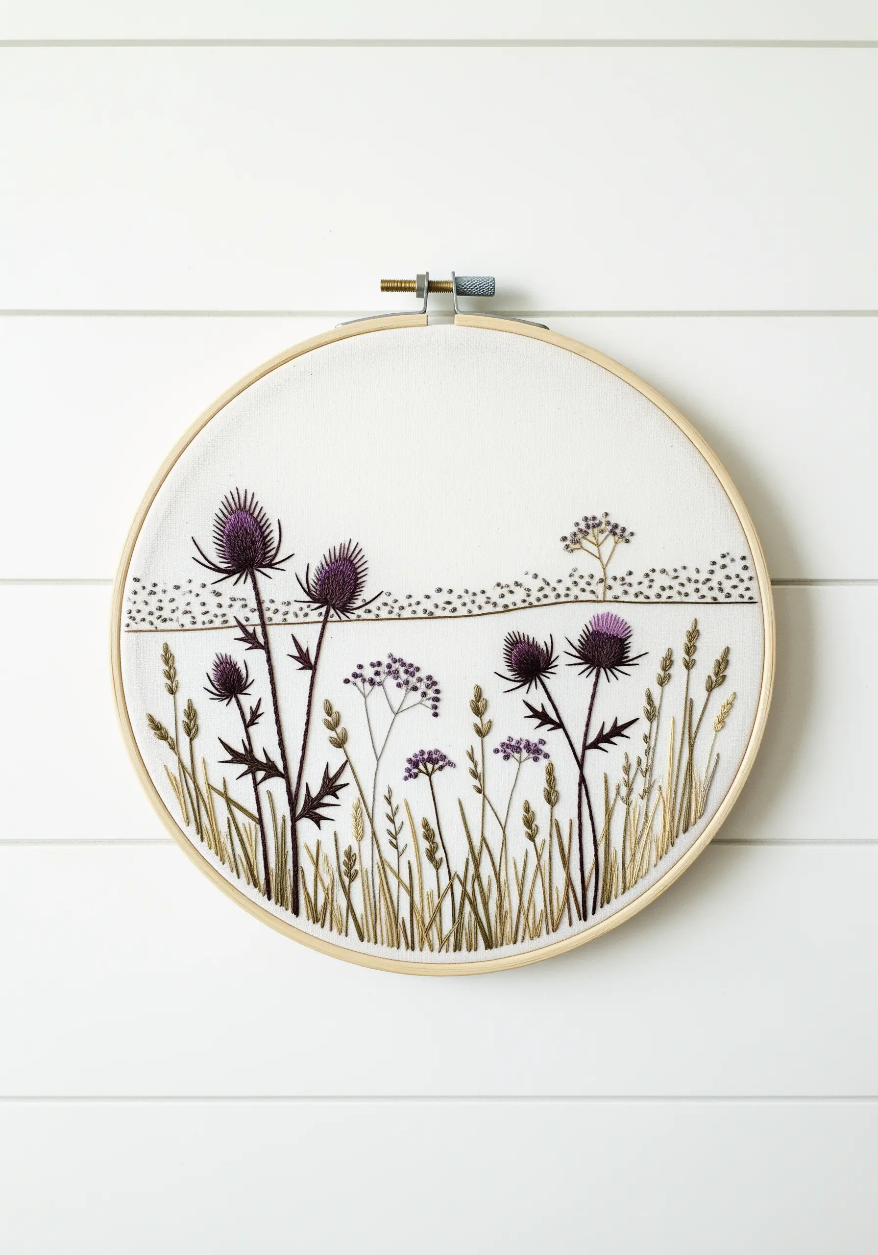 Embroidered wildflower meadow with purple thistles and delicate grasses