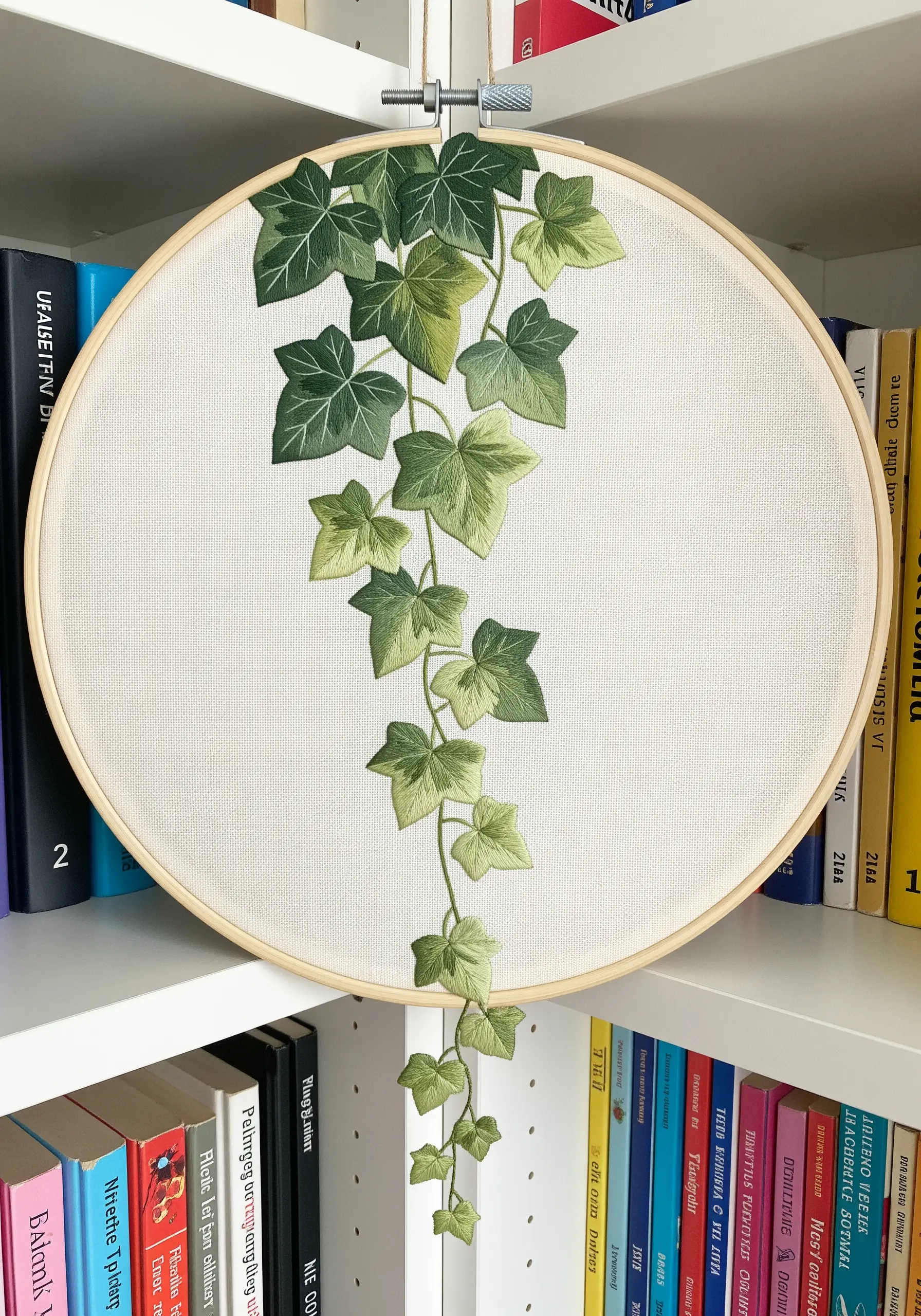 A cascading ivy vine embroidered with various shades of green, suggesting light and shadow.