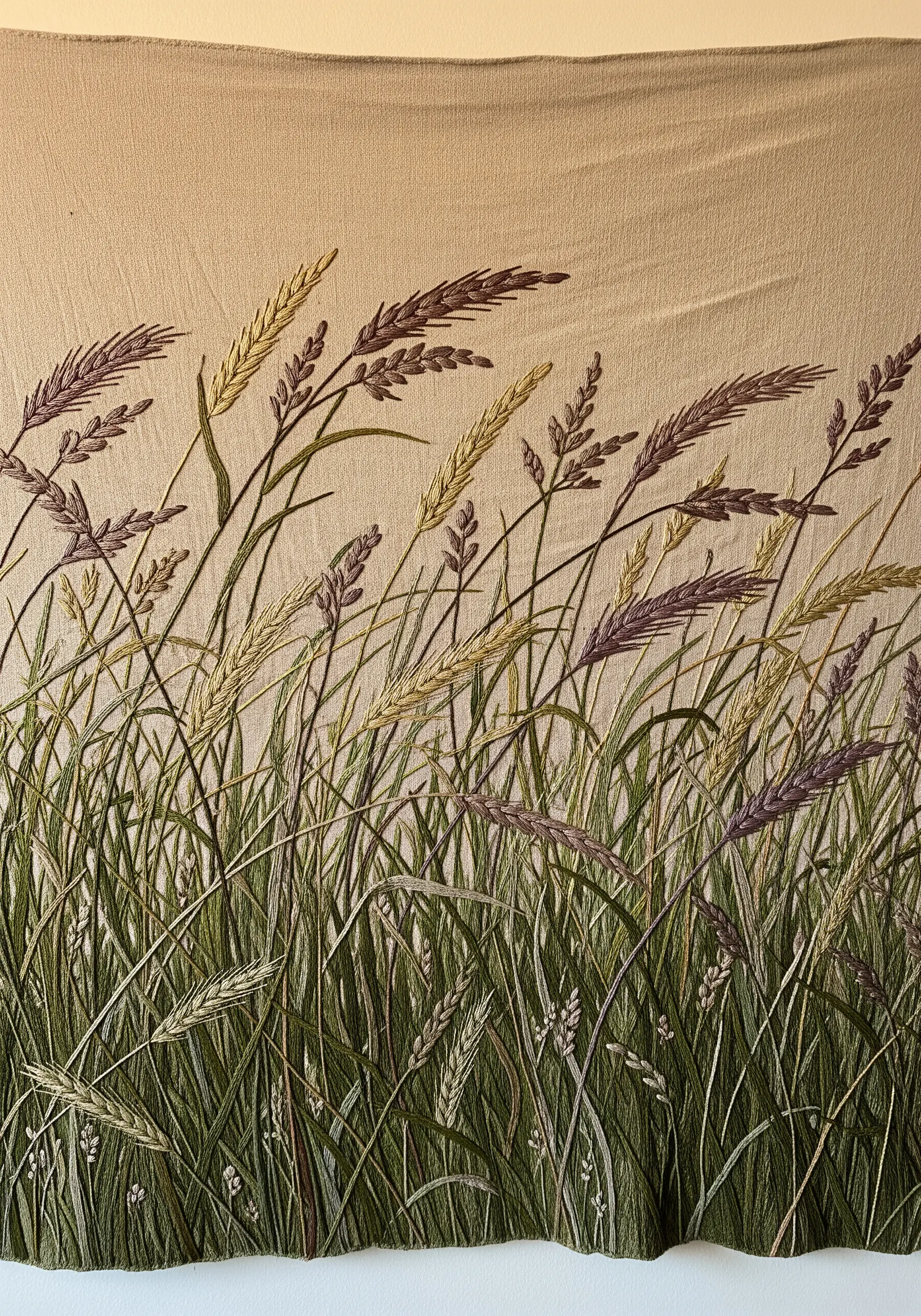 A dense embroidery of wild grasses in various shades of green, yellow, and purple.