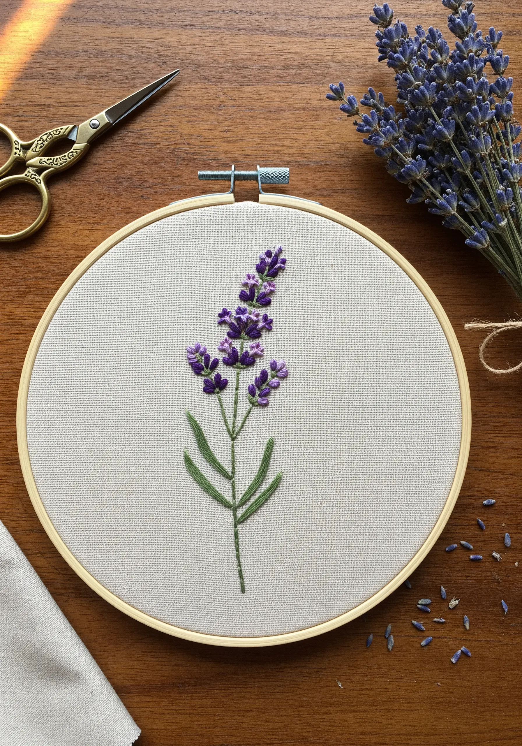 Detailed embroidery of a lavender stem with textured purple florets and green leaves in a hoop.