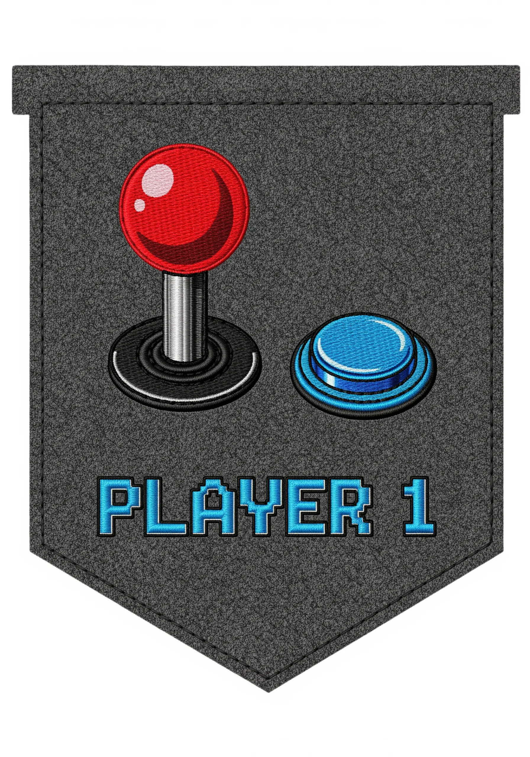 Retro arcade joystick and button embroidery with curved satin stitch for a 3D effect.