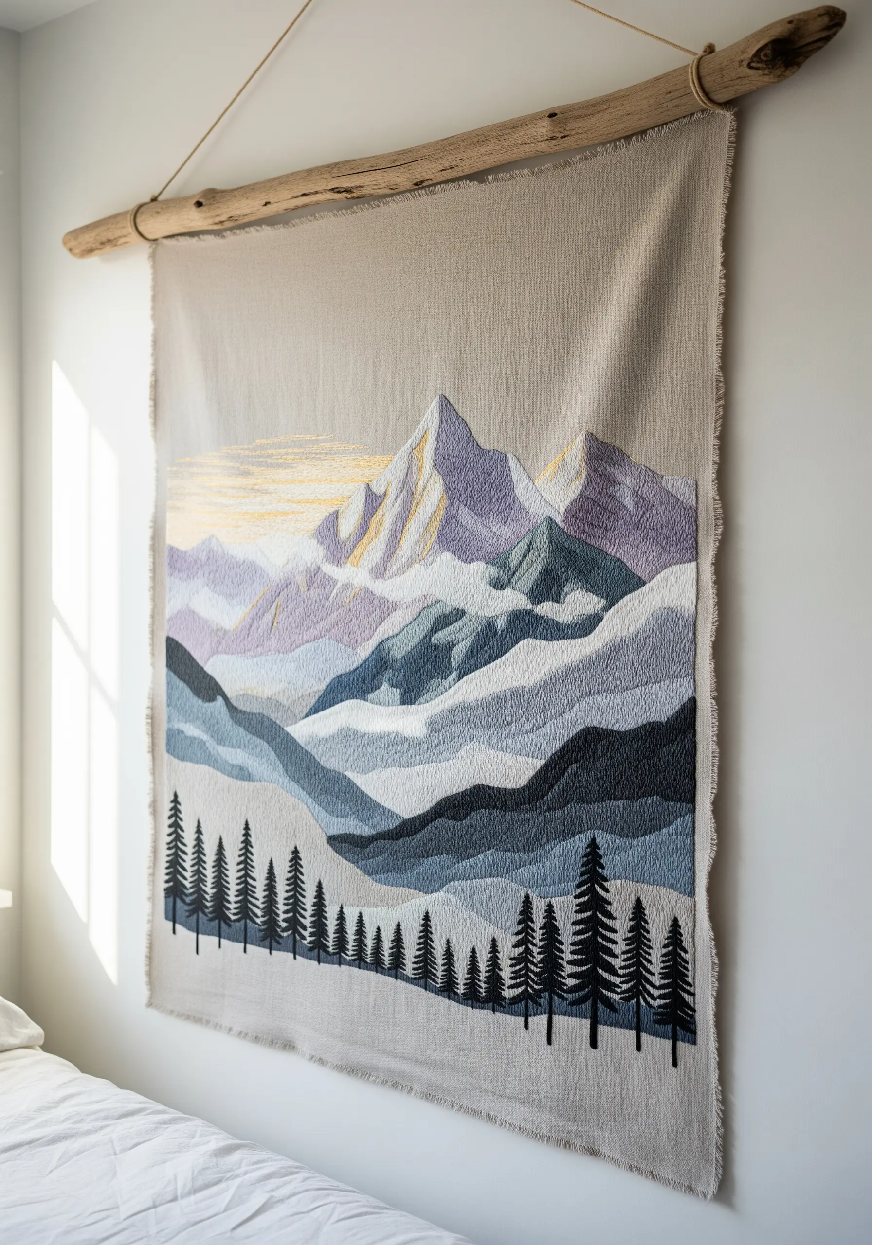 Large embroidered wall hanging of a mountain range with layered colors.