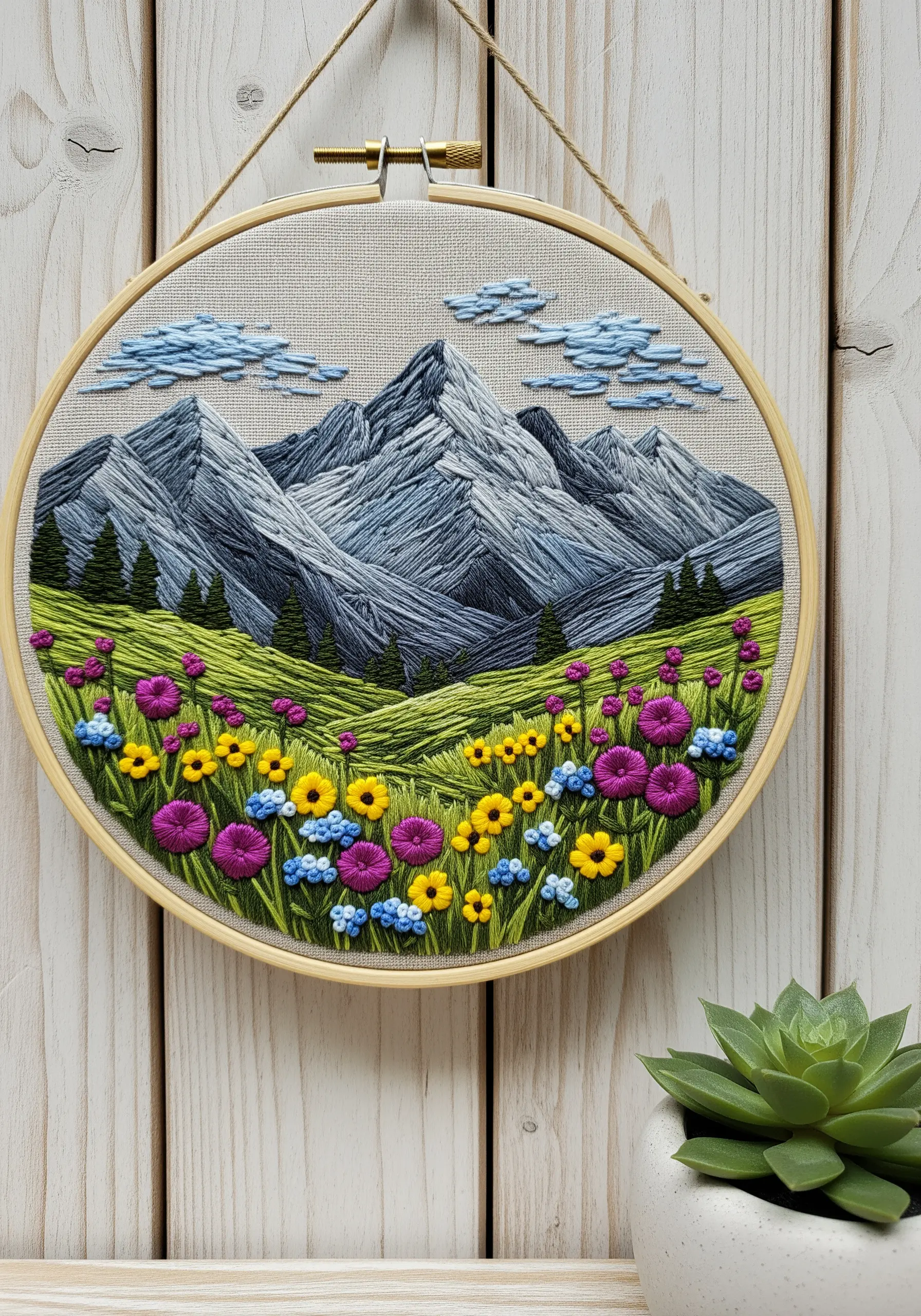Embroidered mountain landscape with vibrant, textured wildflowers in the foreground.