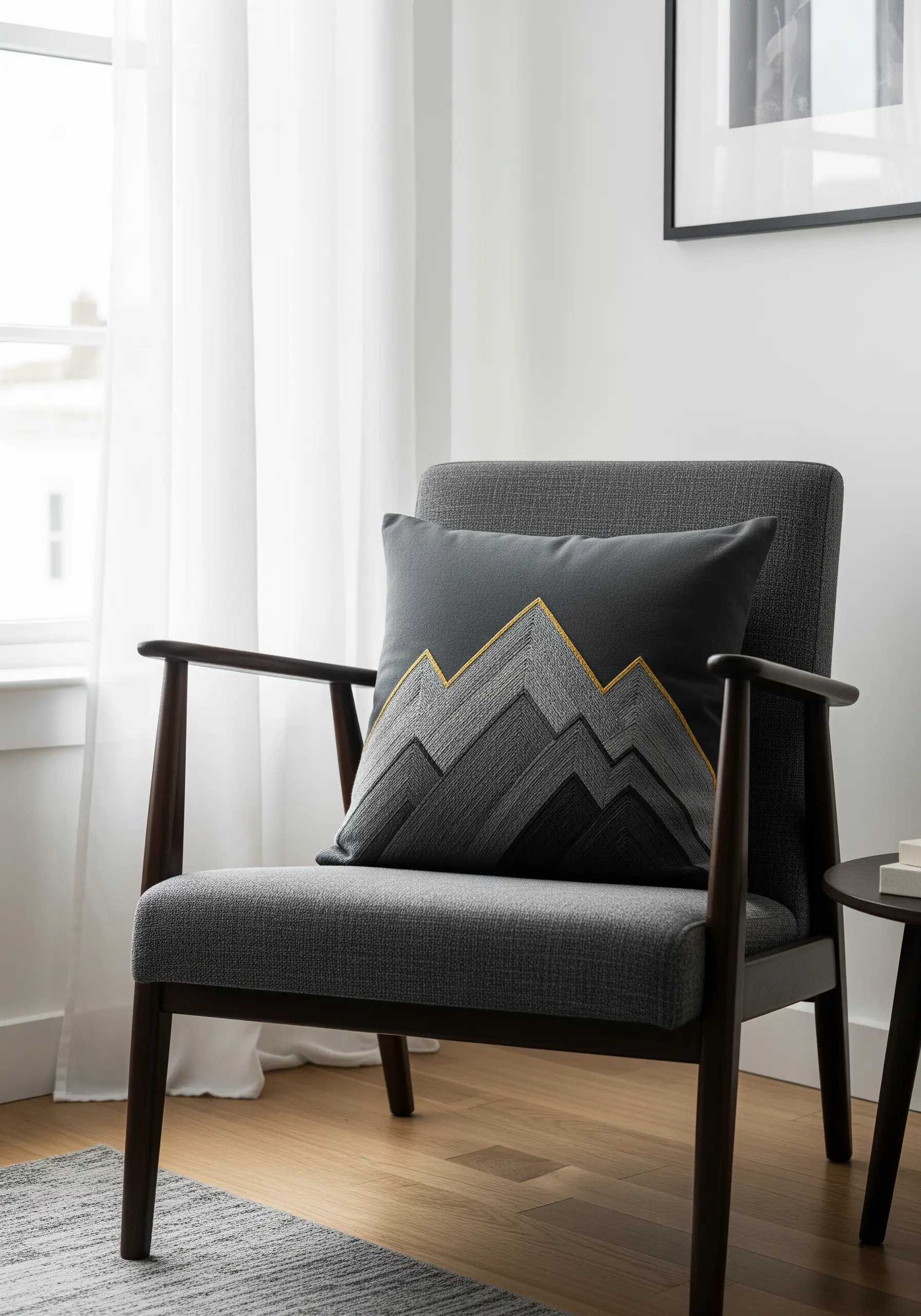 Embroidered geometric mountain cushion with varied grey textures and a gold outline.