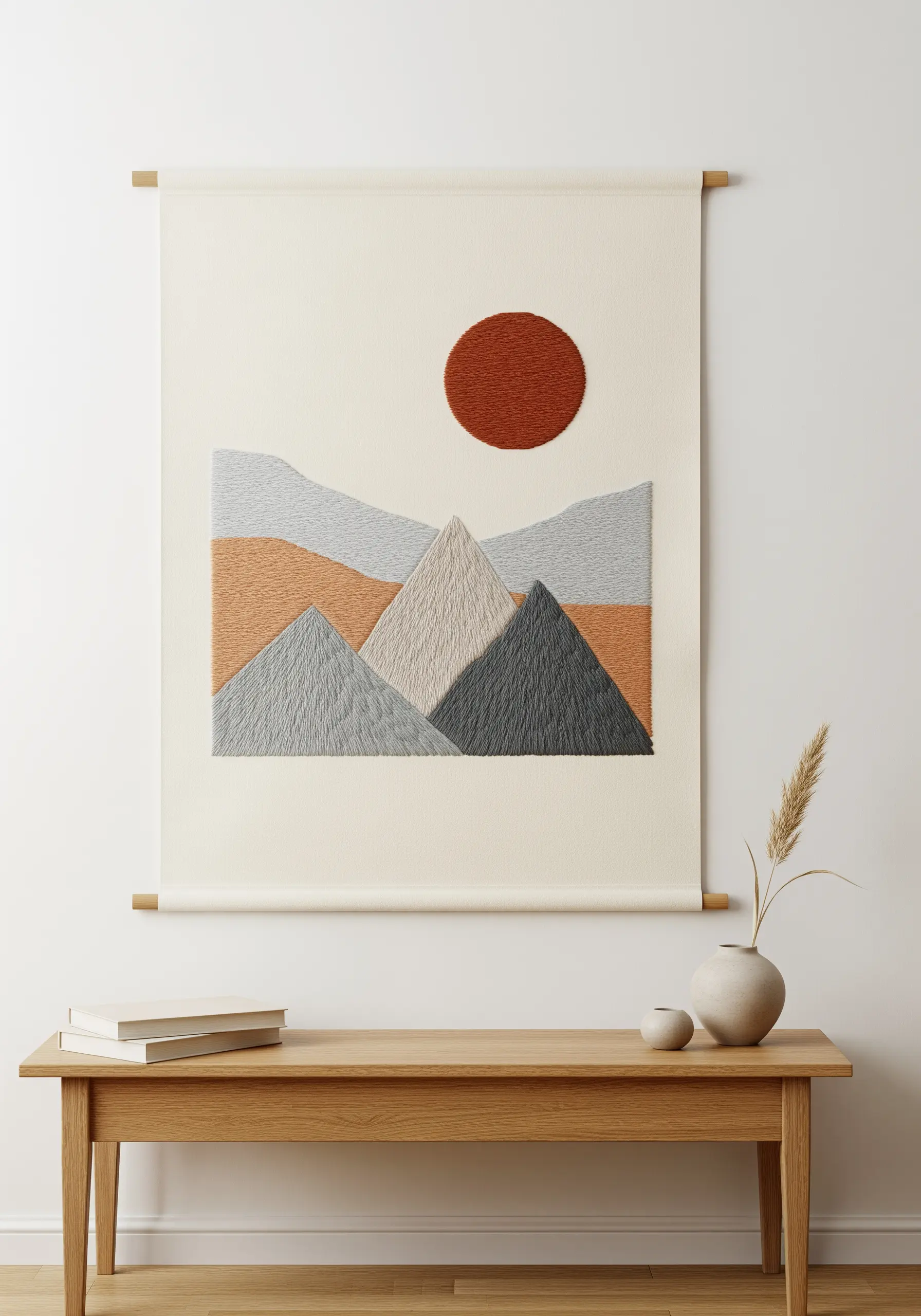 Large embroidered wall hanging of a mountain range with a red sun.