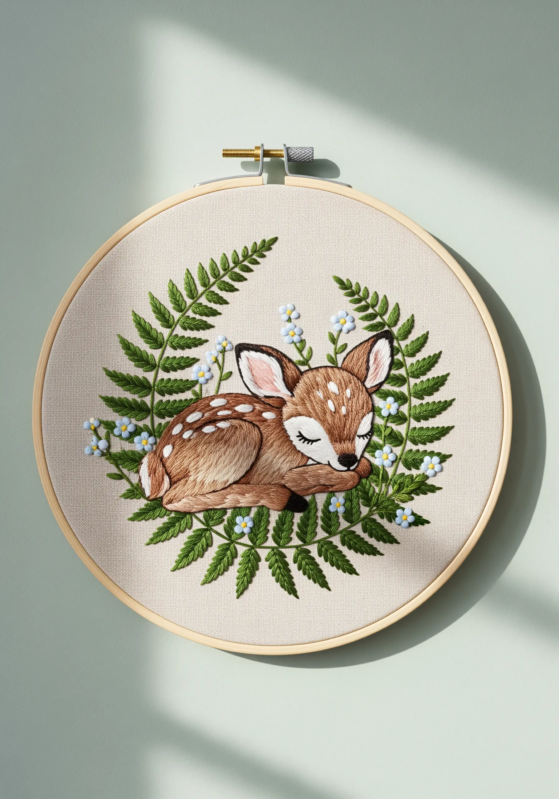 Sleeping fawn with fern wreath embroidery, featuring directional satin stitch and French knots.