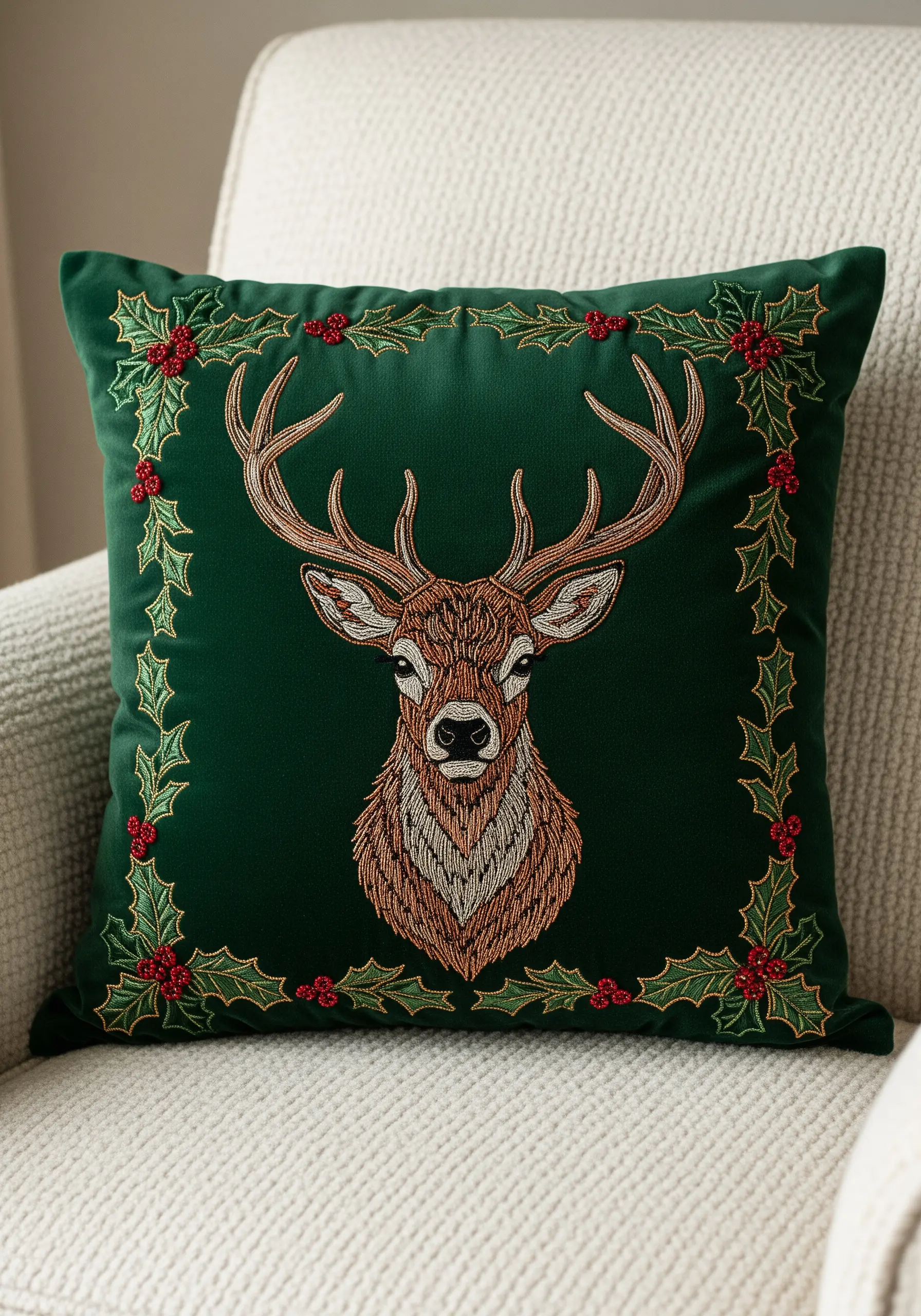 Embroidered stag head with a holly border on a dark green velvet pillow.