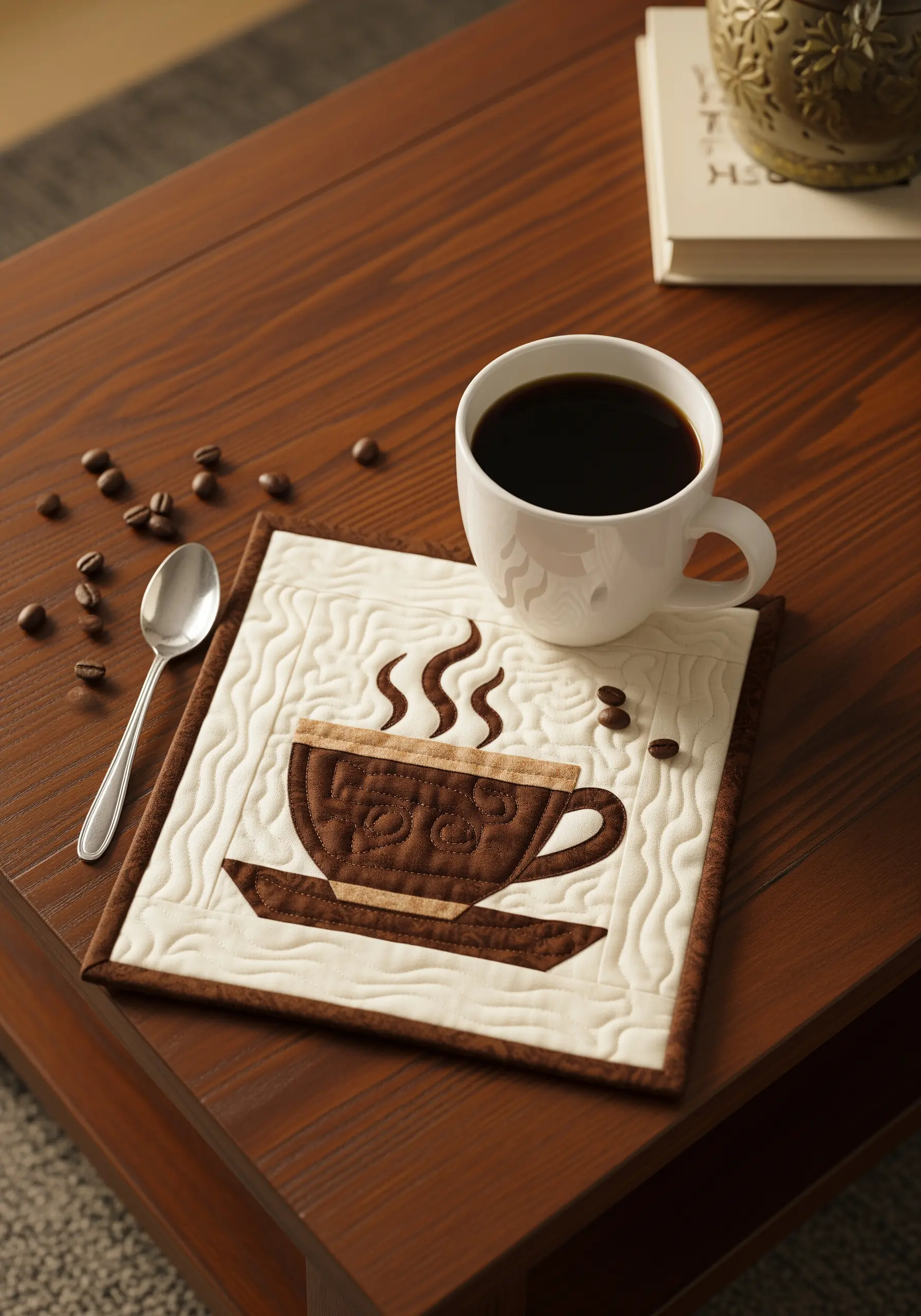 A quilted mug rug with a coffee cup appliqué and echo quilting.