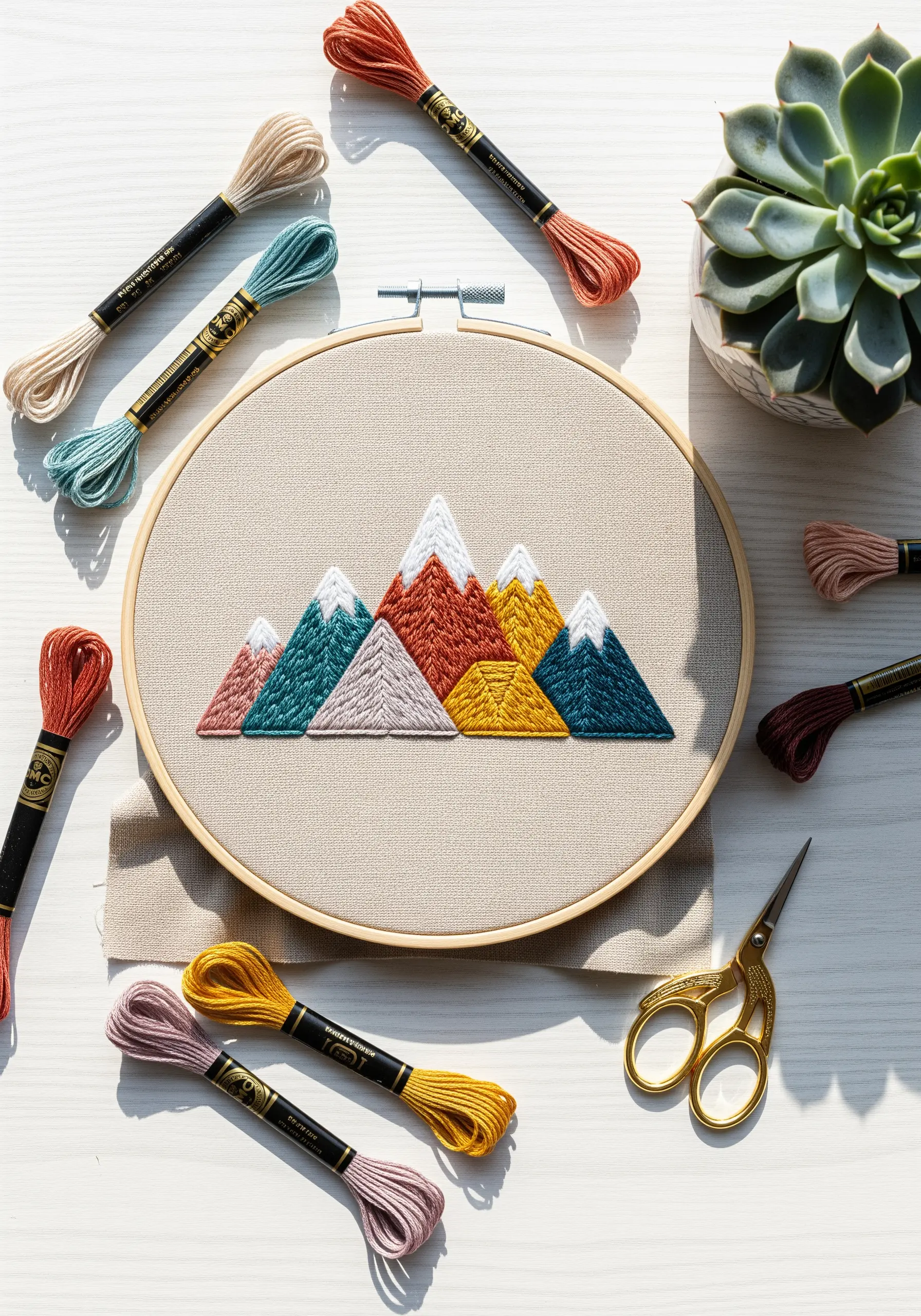 Geometric mountain range with textured fill stitches in earthy tones.