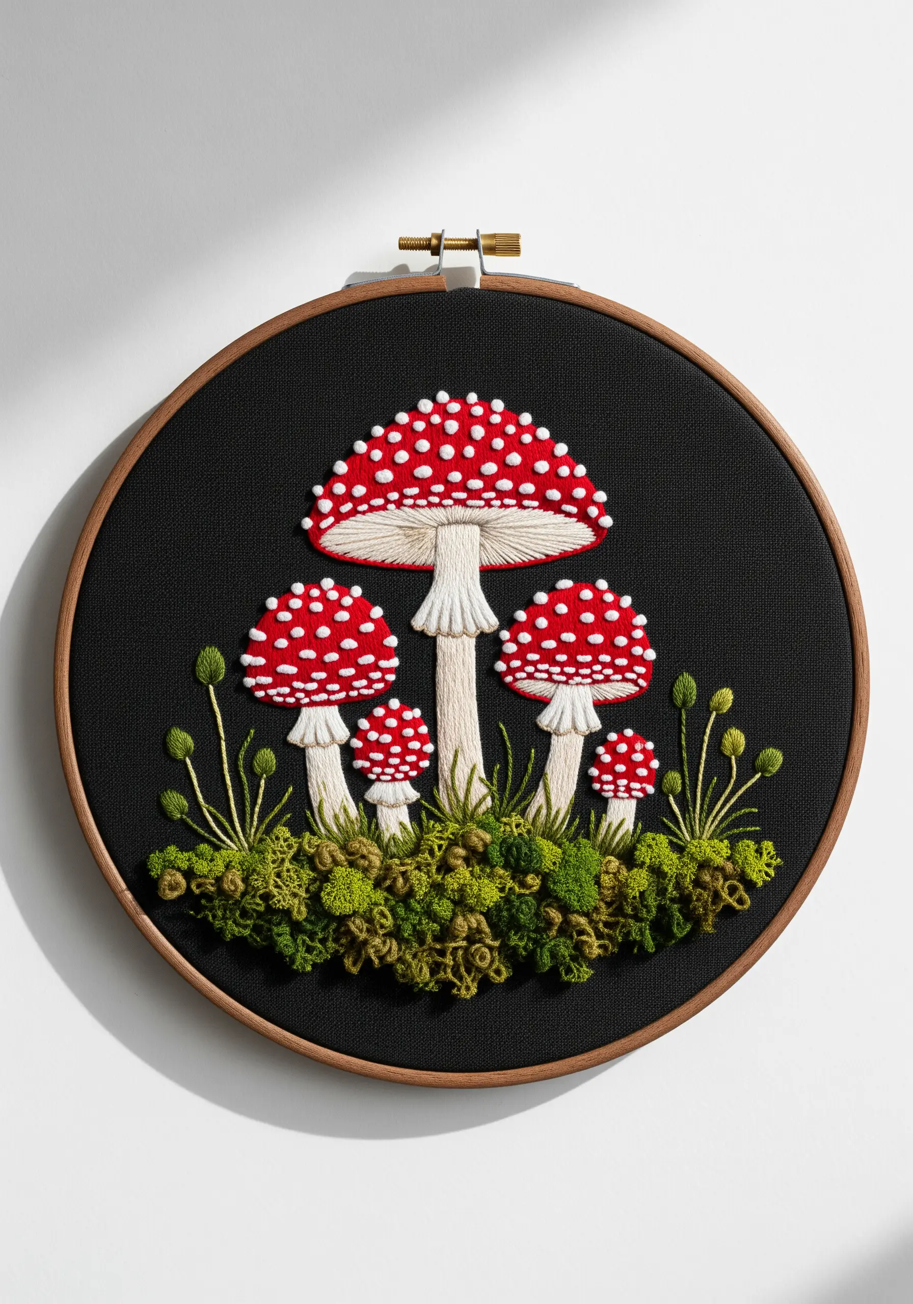 Red and white fly agaric mushrooms embroidered on black fabric with 3D moss texture.
