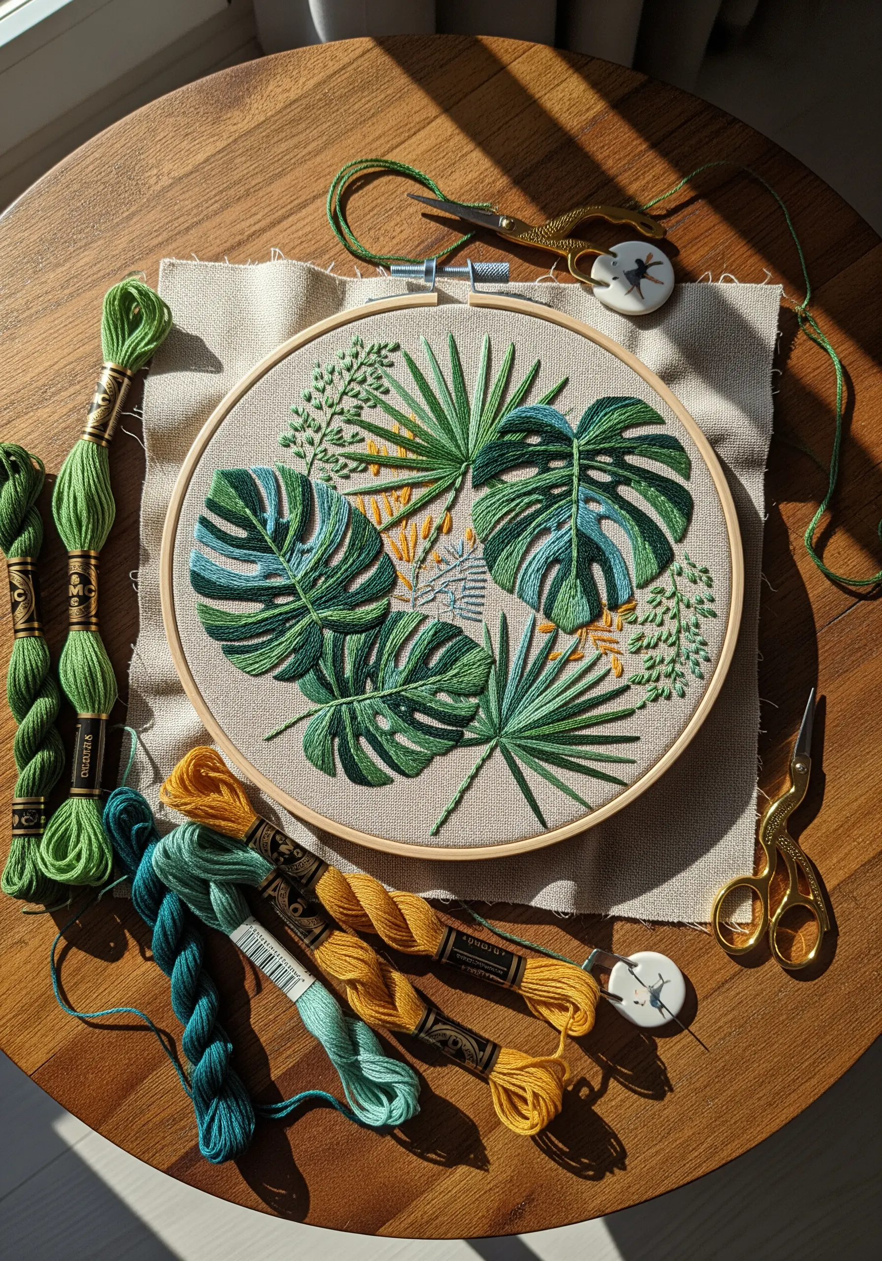 Embroidery hoop with detailed, layered tropical leaves in shades of green, teal, and yellow.