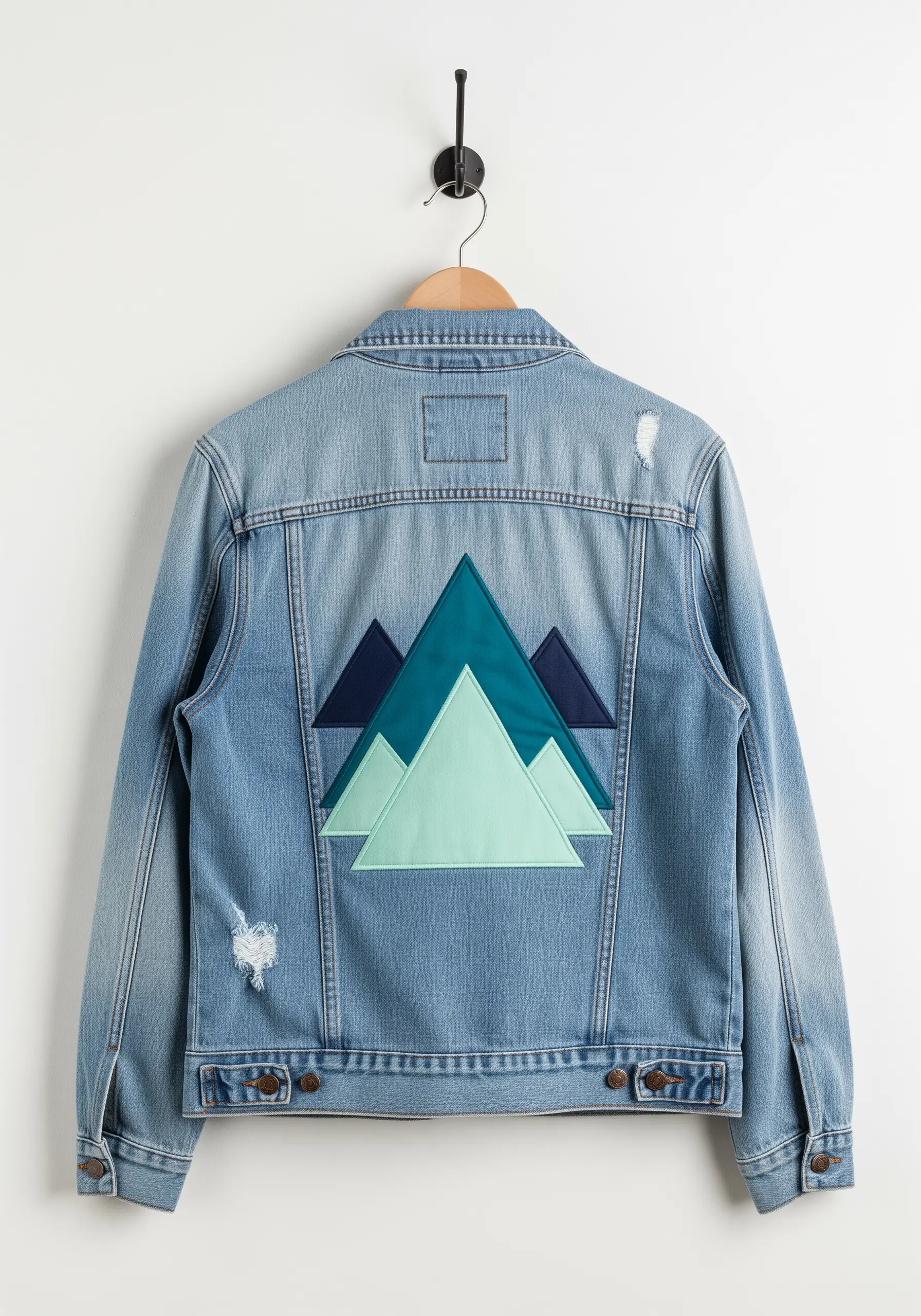 Layered geometric mountain appliqué in shades of teal on a light wash denim jacket.
