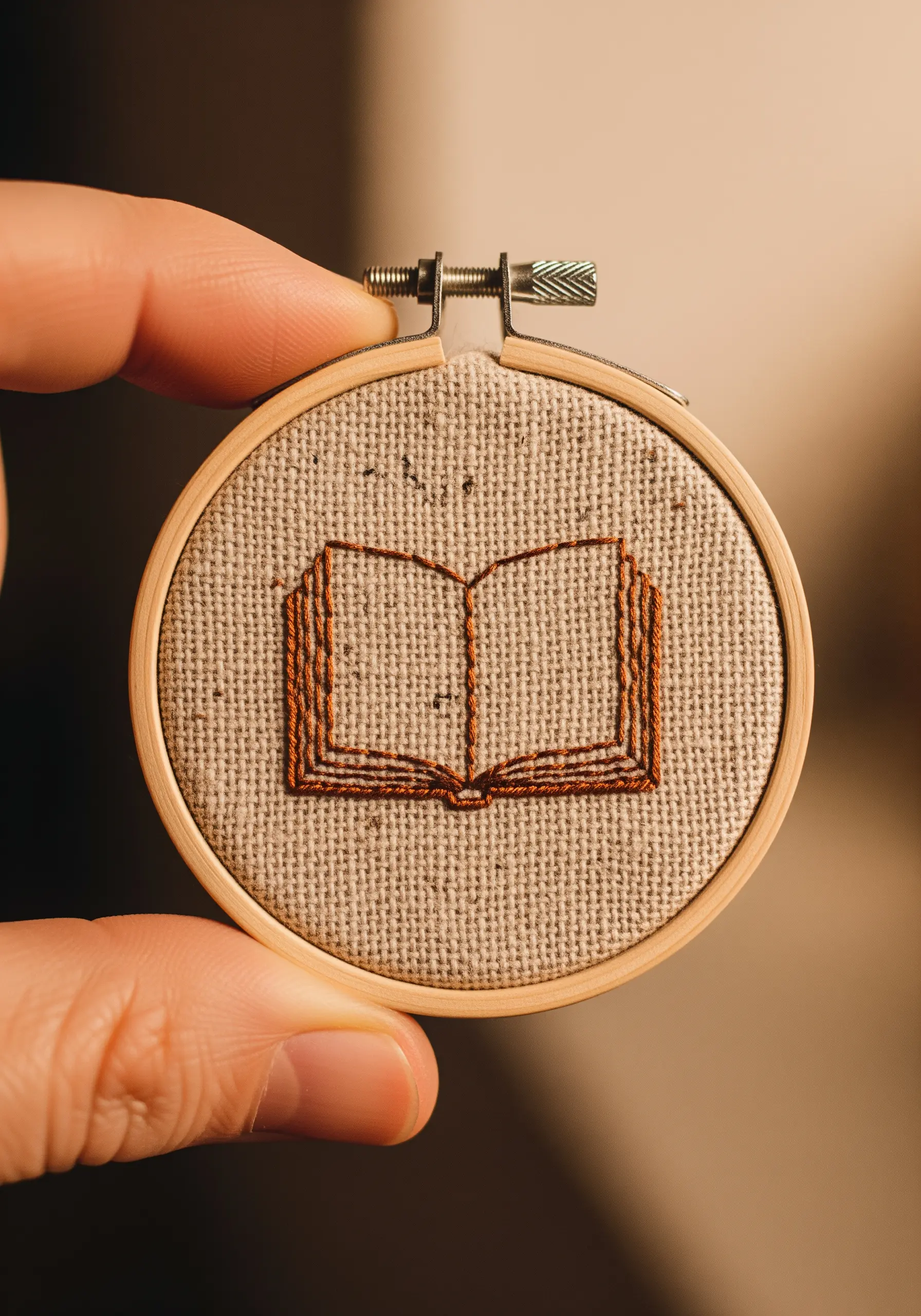 A tiny embroidered book using layered outlines in different shades of brown.