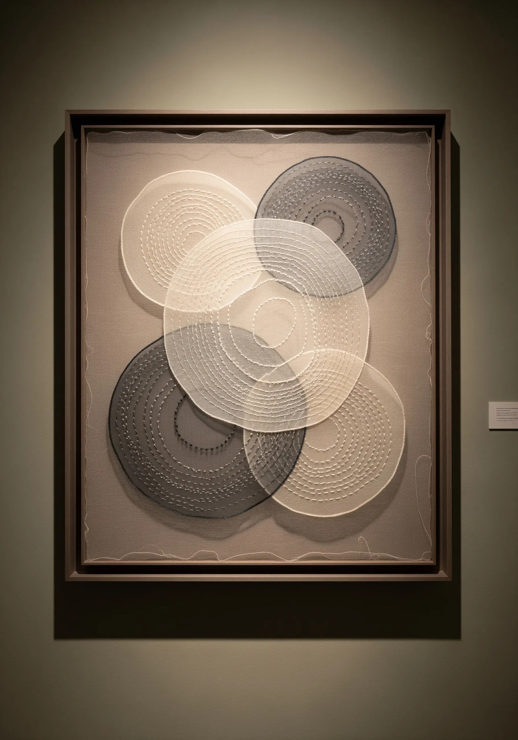 Abstract framed art with layered sheer circles embroidered with running stitches.