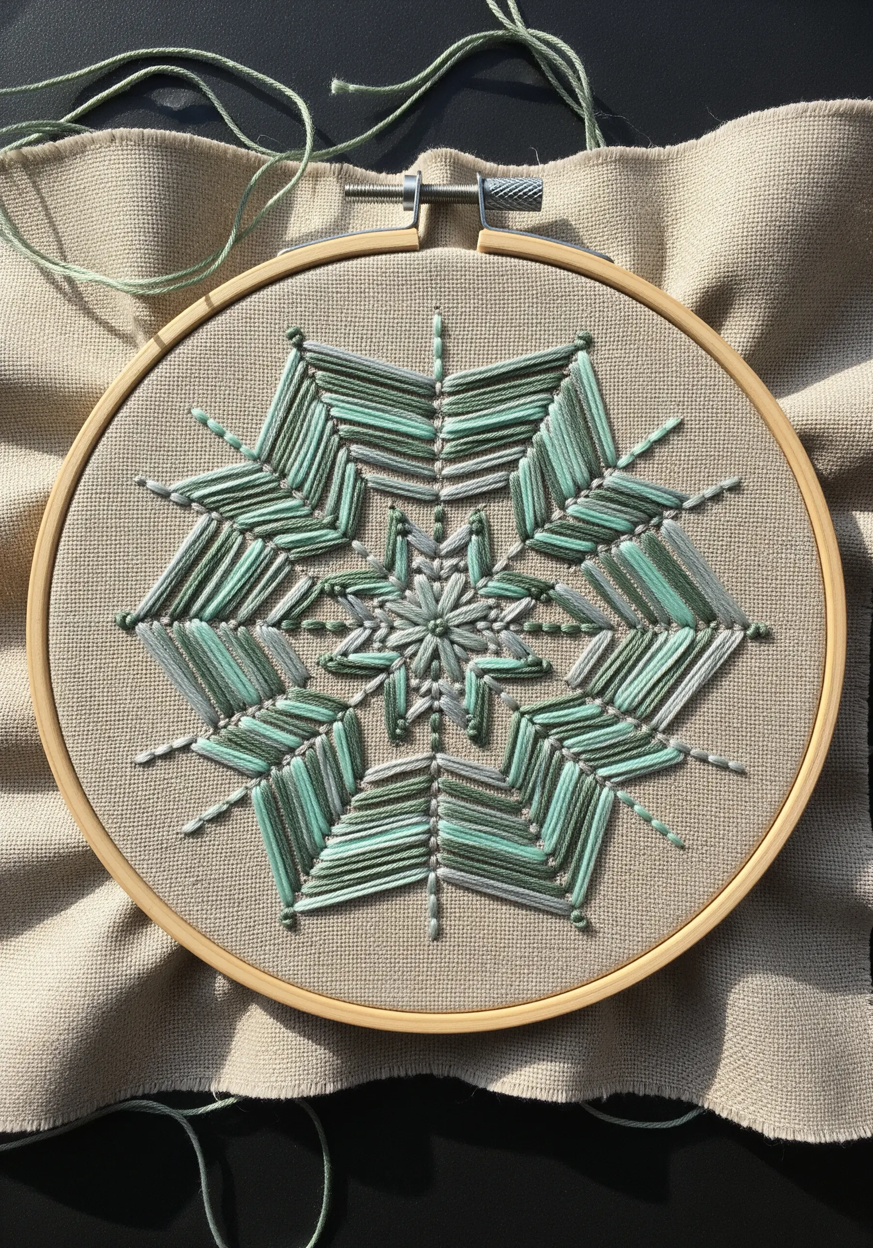 Geometric string art mandala in shades of green on neutral linen fabric in a hoop.