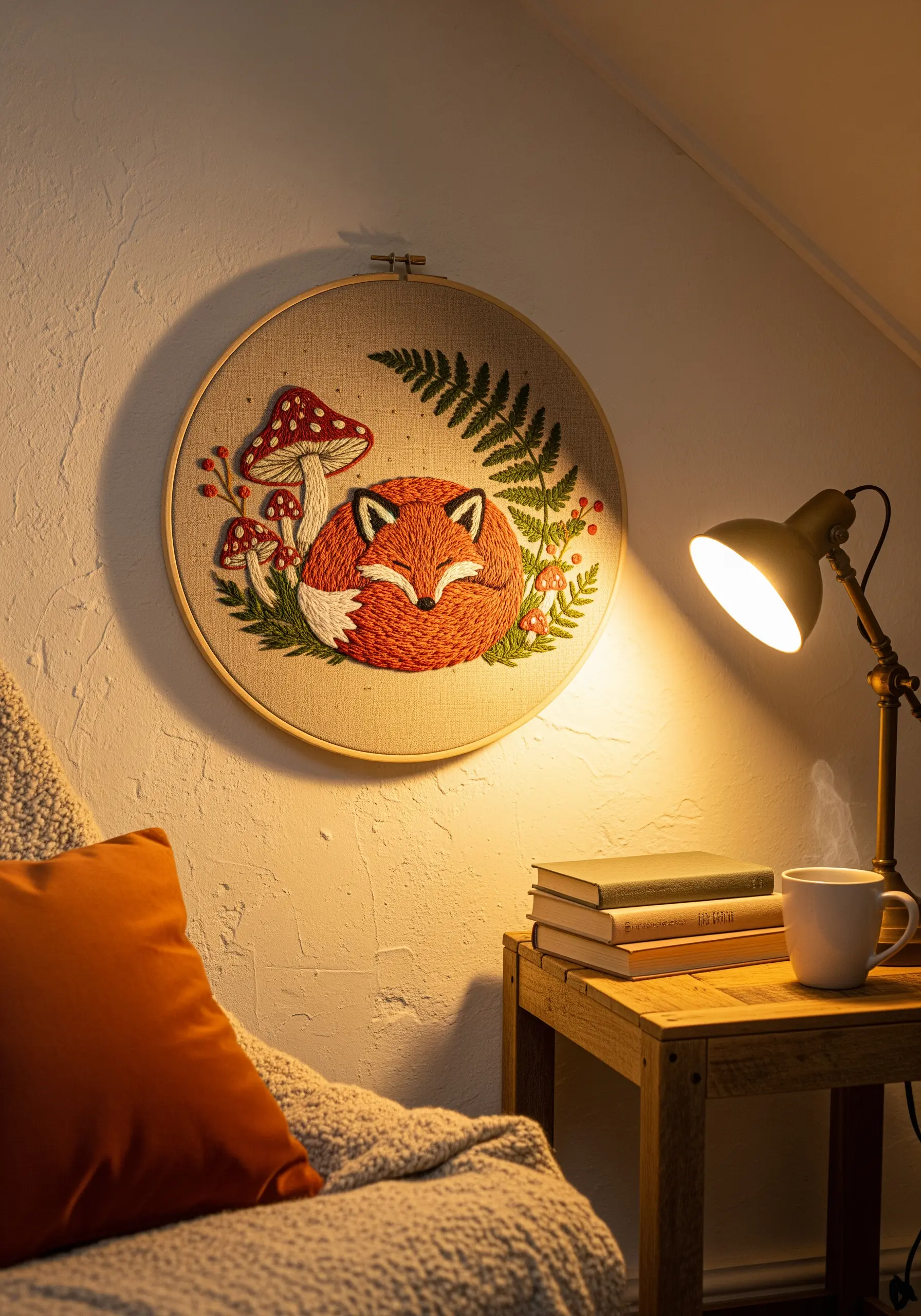 Embroidered sleeping fox surrounded by mushrooms and ferns in a large wooden hoop.