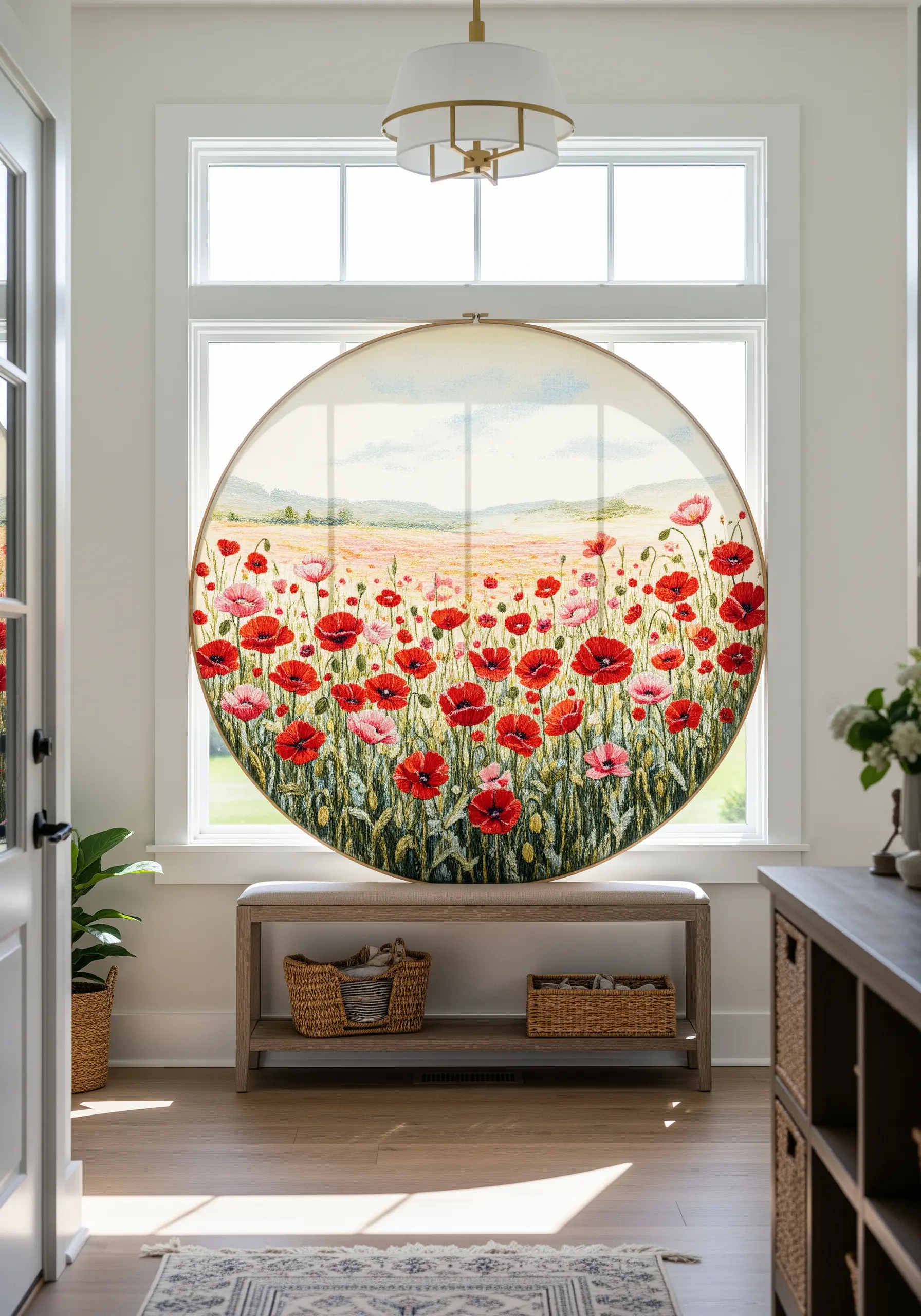 Large embroidery hoop with a poppy field landscape displayed against a sunny window.