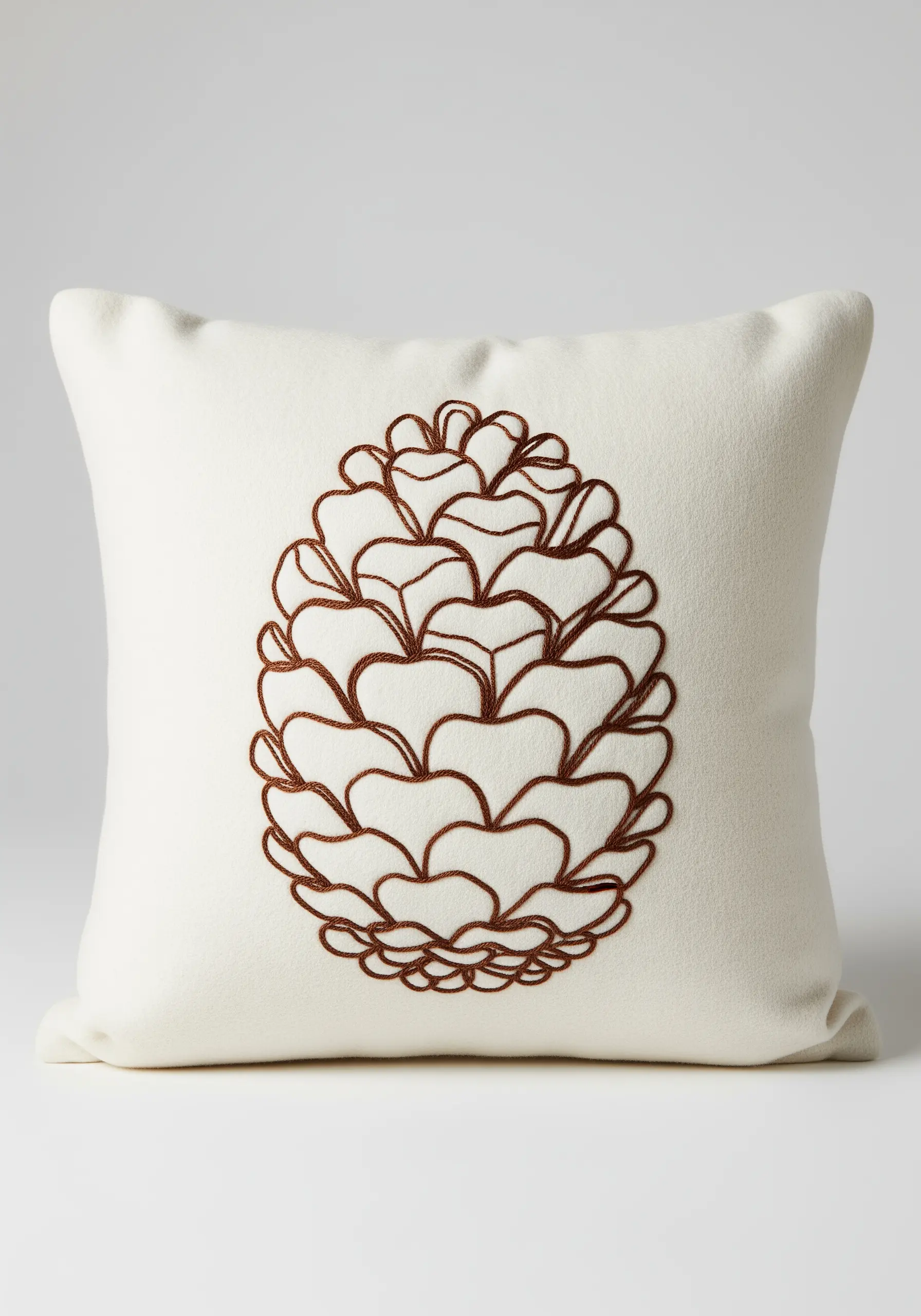 An intricate line art pinecone with overlapping scales, stitched in brown on a white cushion.