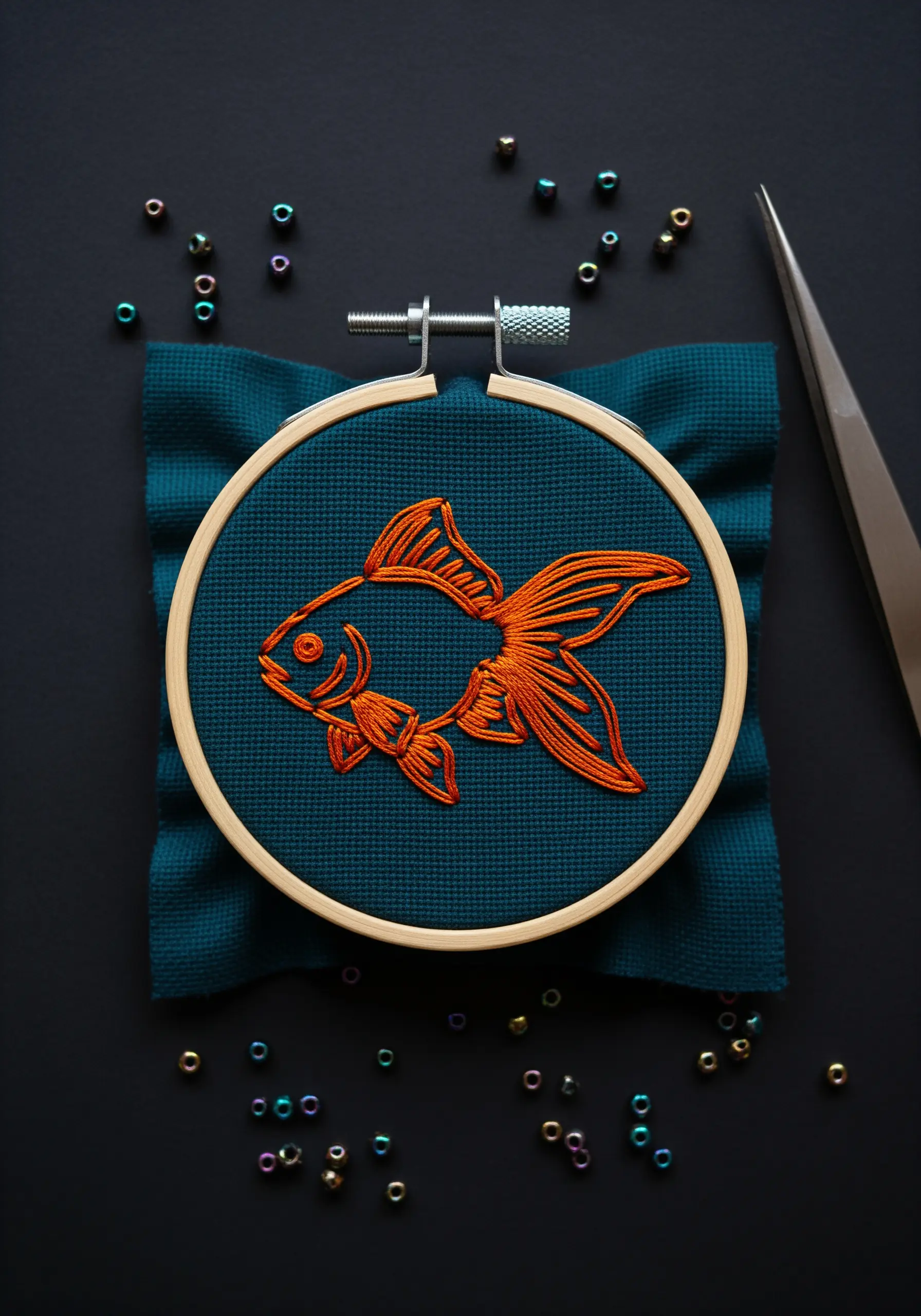 An orange goldfish embroidered with satin stitch on dark teal fabric.