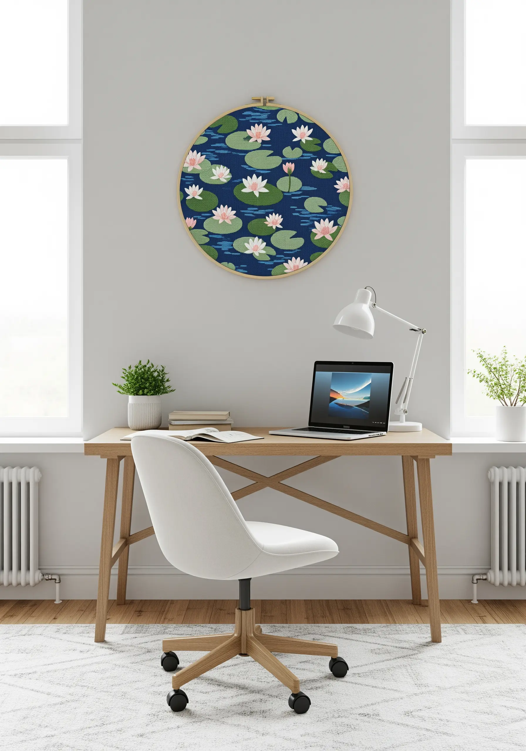 Embroidery hoop art of a water lily pond, with layered pads and flowers to create depth.