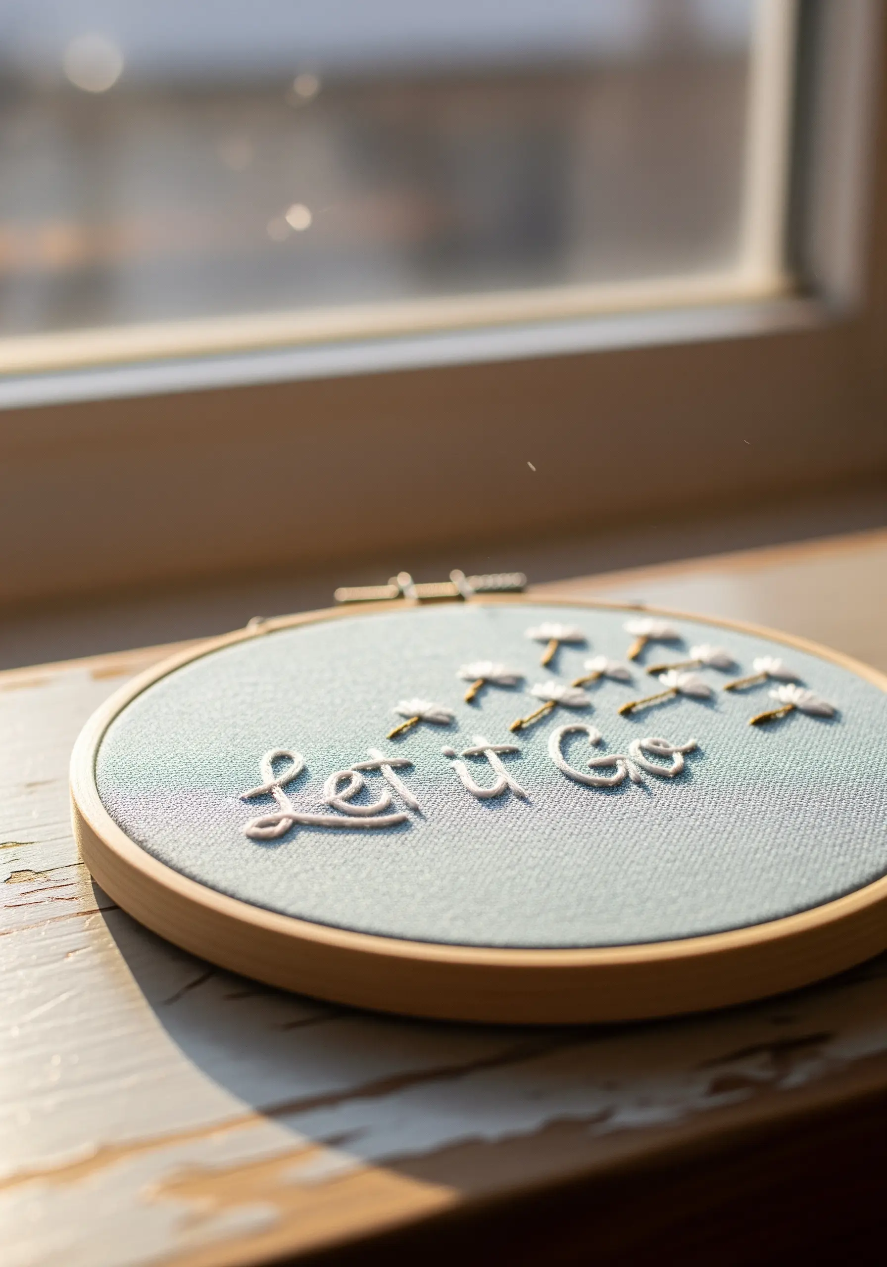Cursive 'Let it Go' quote with tiny embroidered dandelion seeds floating away.