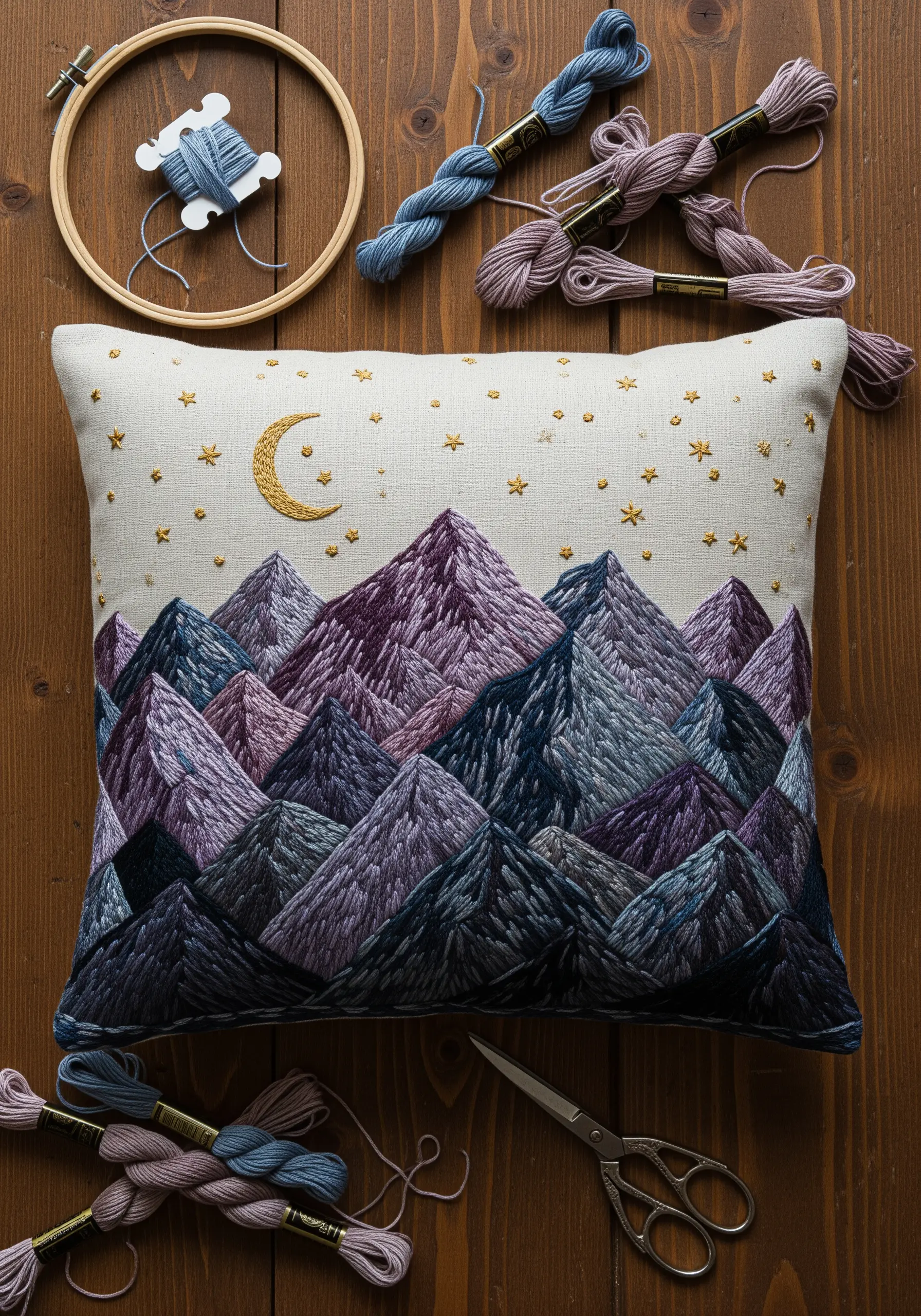 Detailed embroidery of layered mountains in shades of purple and blue on a pillow.