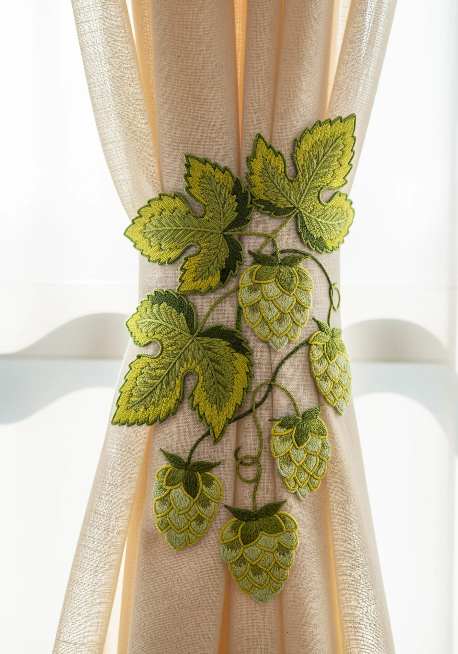 A curtain tie-back made of embroidered and cut-out hops leaves and flowers.