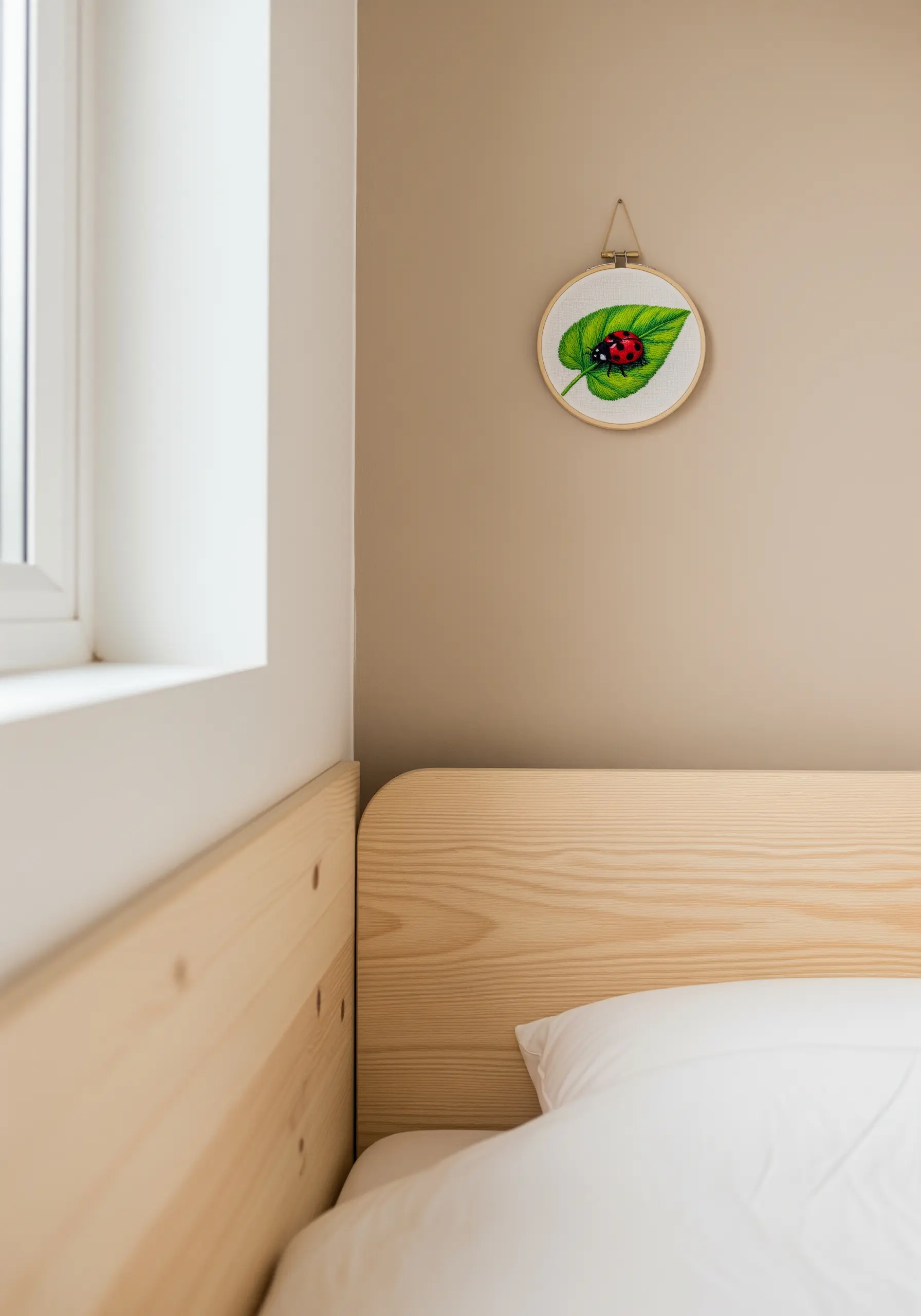 A close-up of an embroidery hoop with a red and black ladybug on a green leaf, hanging on a beige wall.