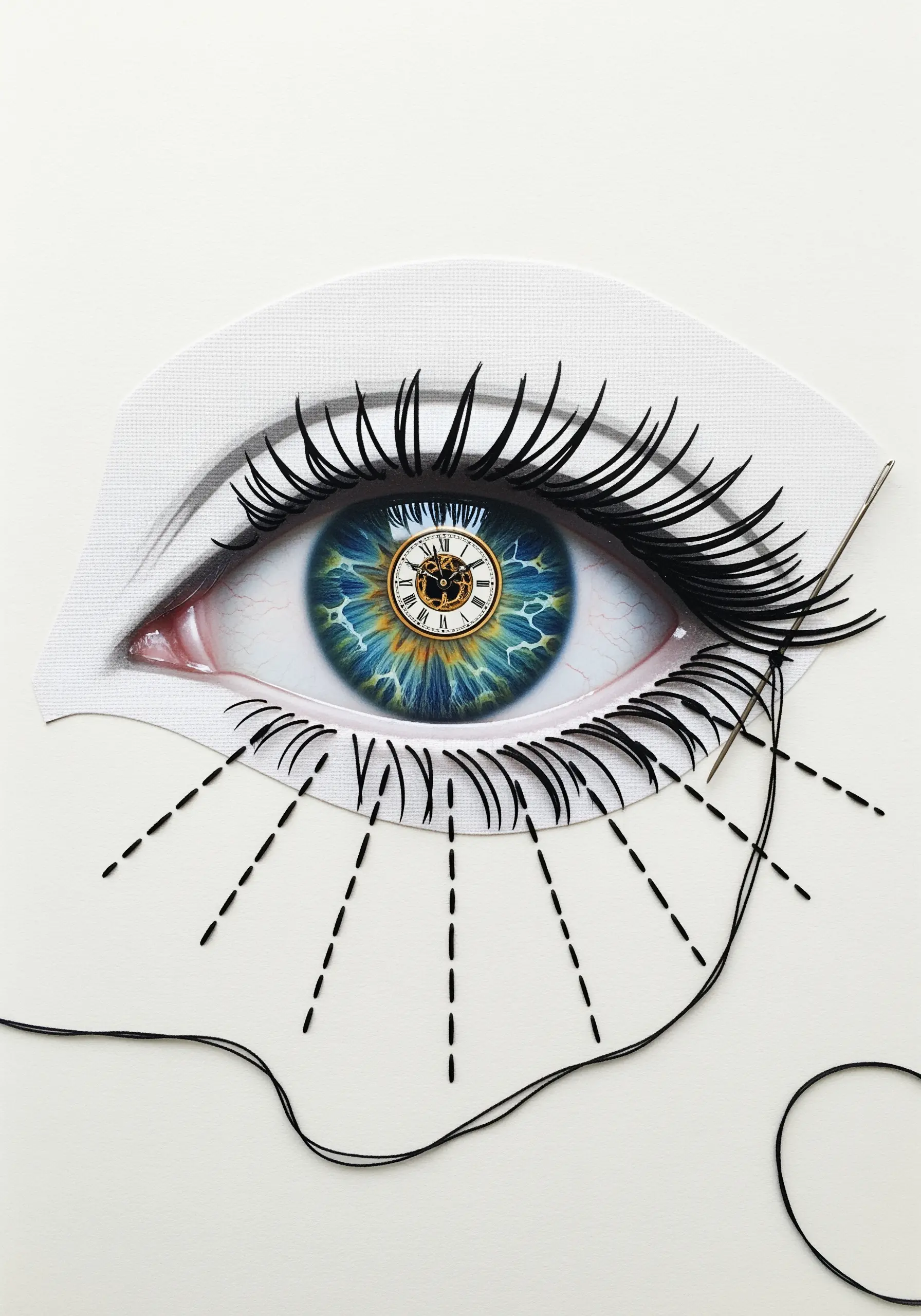 A collage of an eye with a clock in the pupil, with 3D black thread stitched as eyelashes.