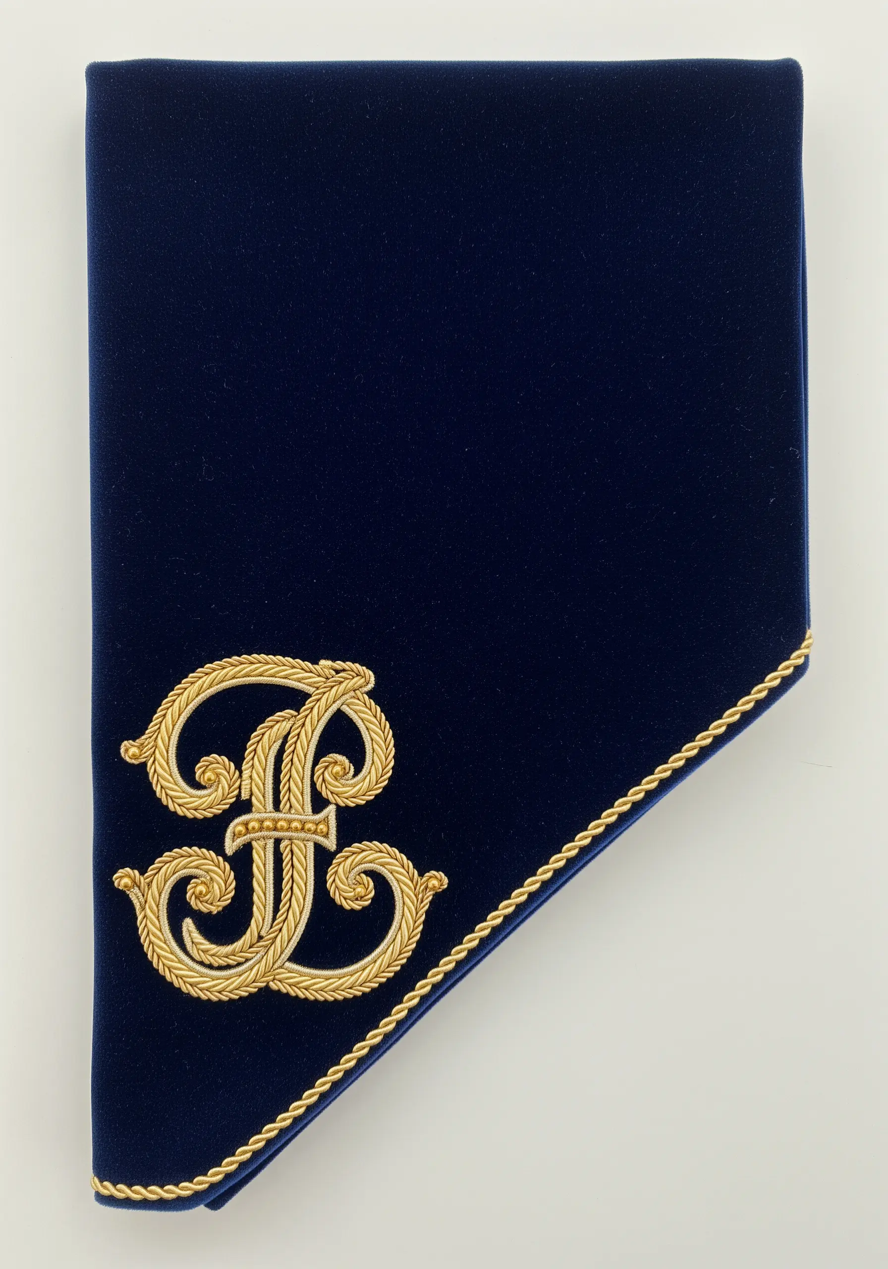 A raised, three-dimensional gold metallic monogram on a plush navy blue velvet napkin.