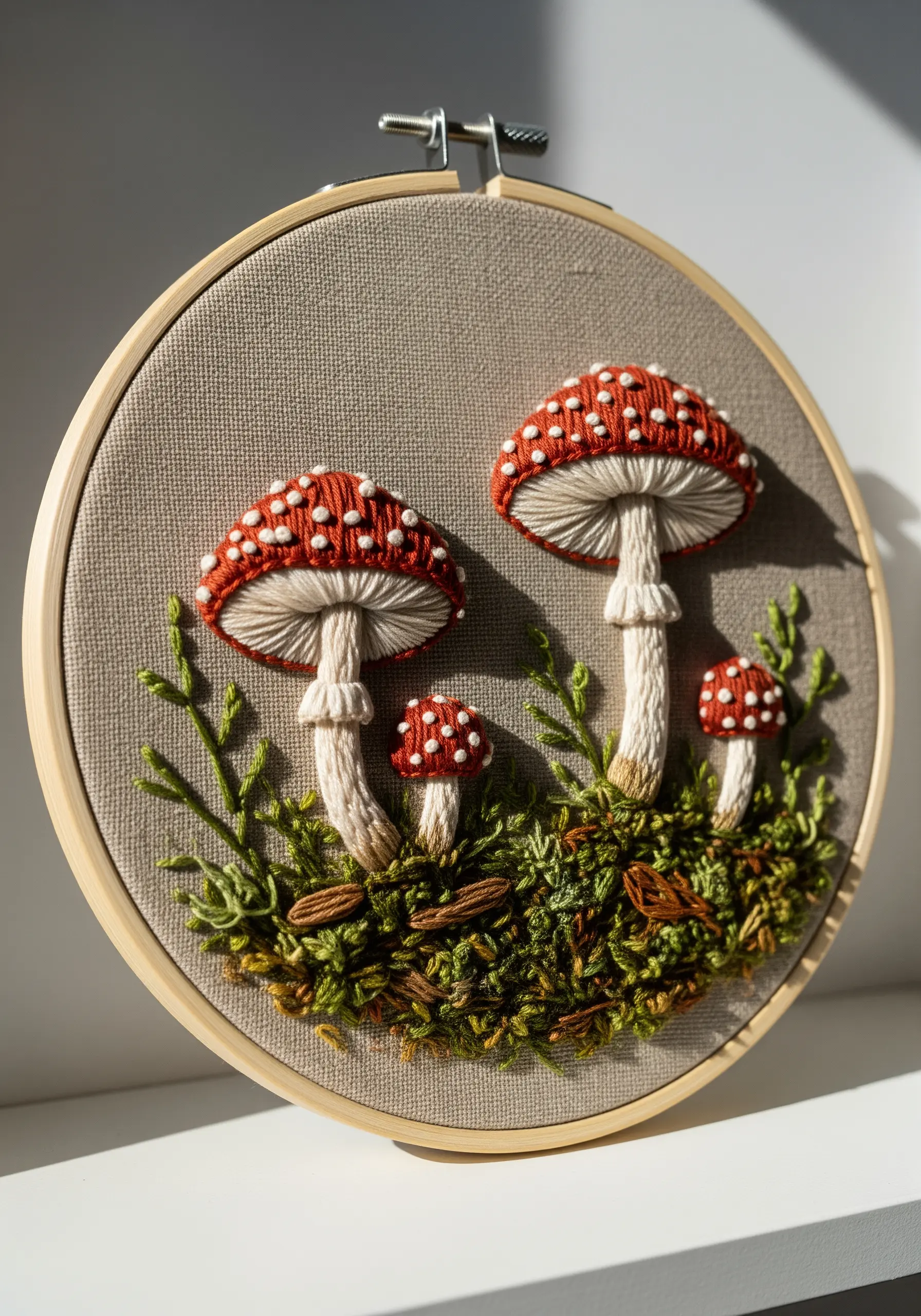 Embroidery hoop with 3D stumpwork mushrooms and textured moss