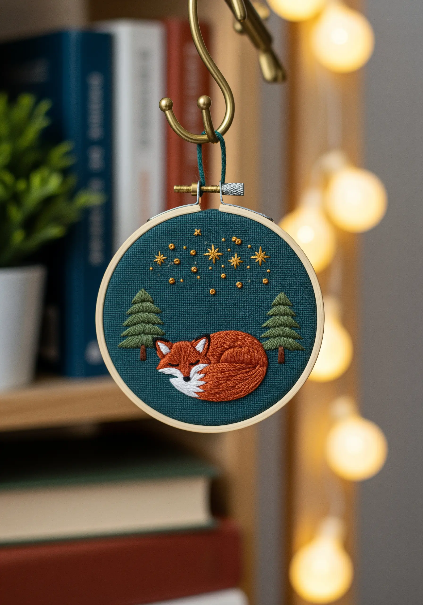 Embroidered sleeping fox ornament with textured fur and golden stars on dark green fabric.