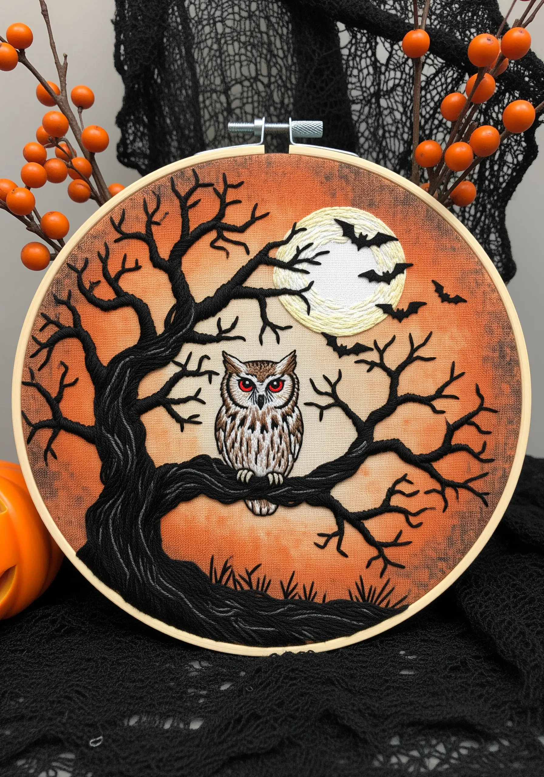 A spooky Halloween scene with a black silhouette of an owl in a tree against an orange sunset.