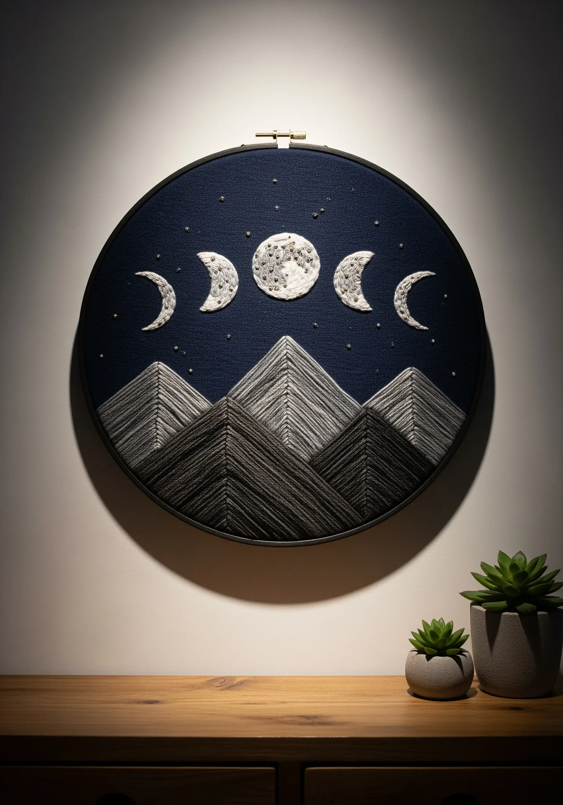 Embroidery of moon phases above geometric mountains on dark navy fabric, lit from above.