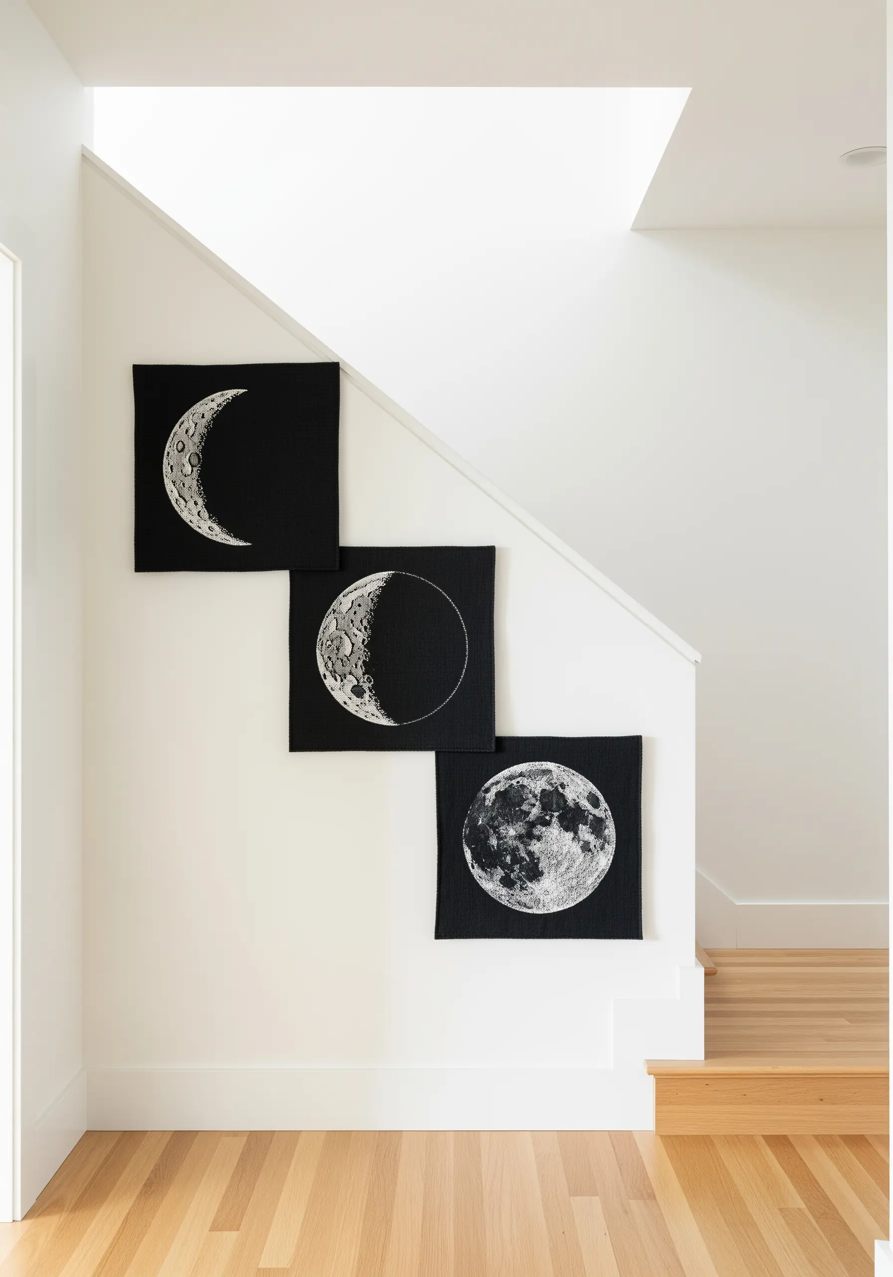 Three black canvases showing embroidered phases of the moon in white and silver thread.