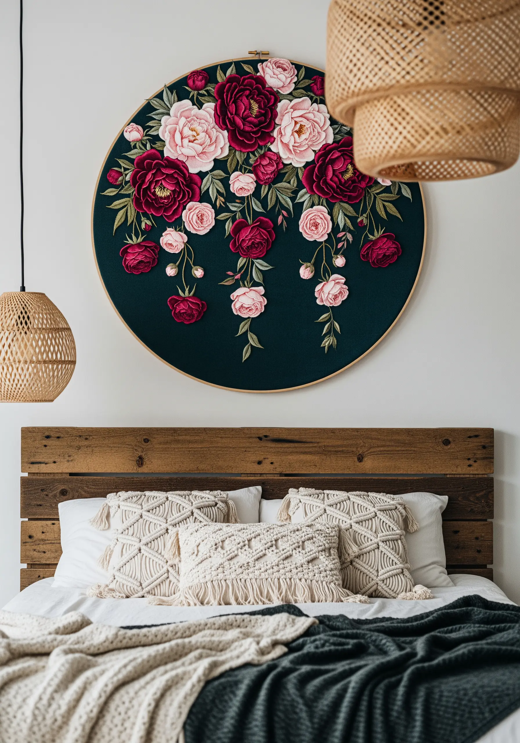 Large embroidery hoop with realistic pink and magenta roses on a dark green background.