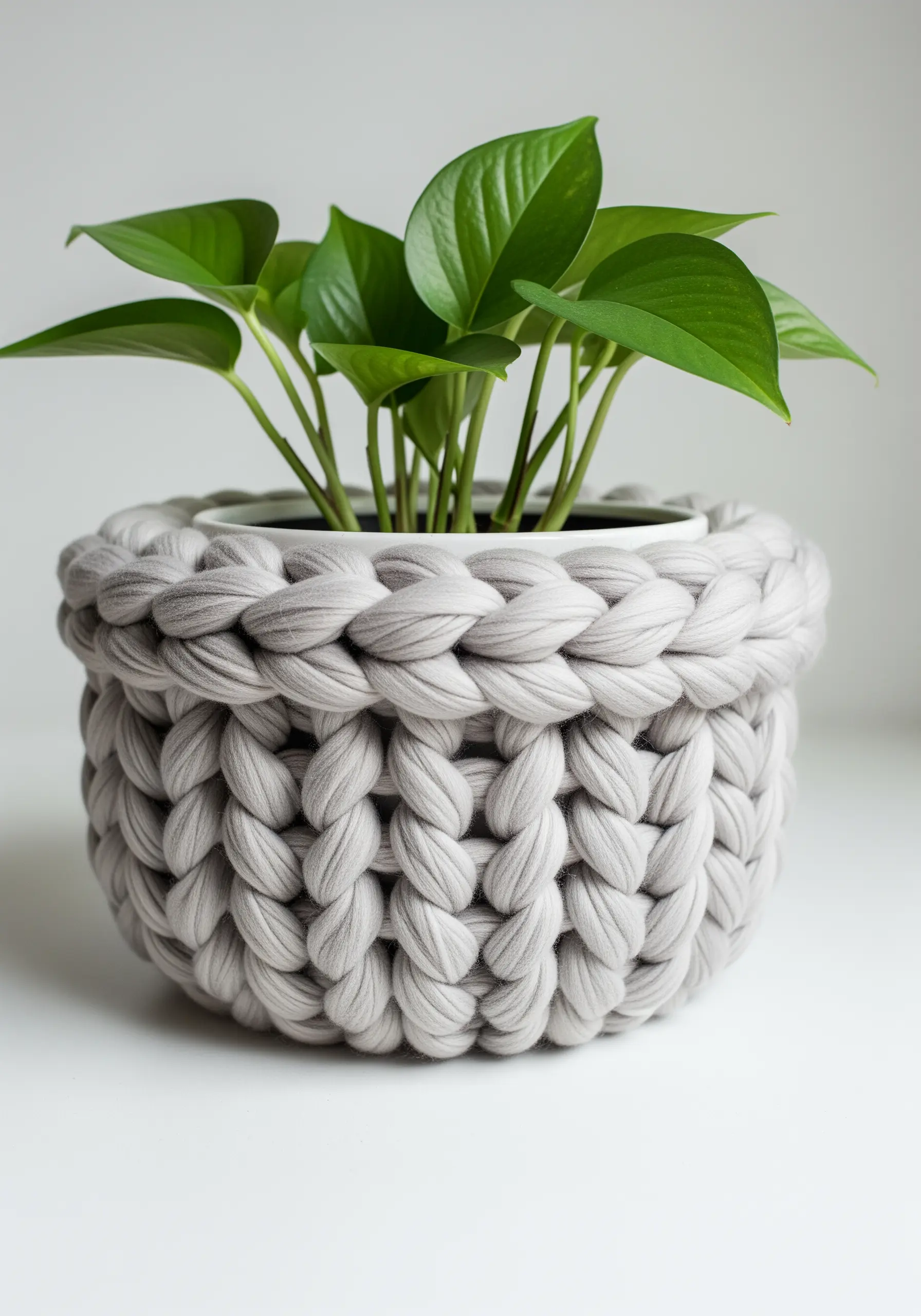 A plant pot cover hand-knitted with super chunky, soft grey tube yarn.